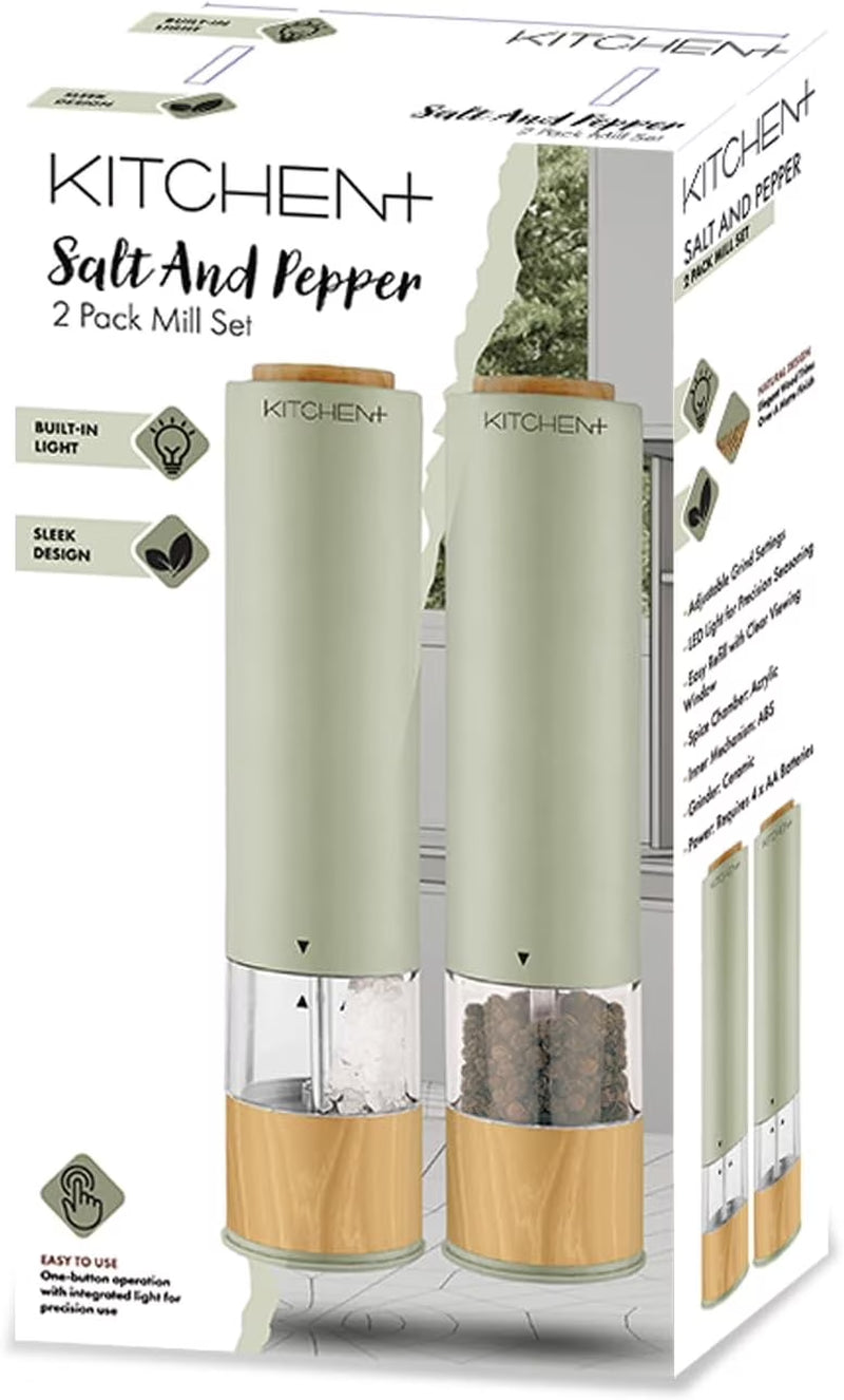 Electric Salt and Pepper Grinder Set – Automatic Battery Salt & Pepper Mills with Adjustable Grind, Built-In Light, Sleek Matte + Wood Trim Design, Easy Refill, Durable Ceramic Spice Grinder