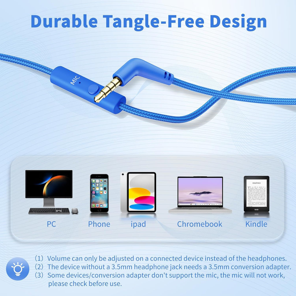 Wired Headphones with Microphone, over Ear 3.5Mm Plug in Headphones with 4.9Ft Tangle-Free Nylon Cord for Tablet, Laptop, MP3/4, School, Airplane Travel (Blue)