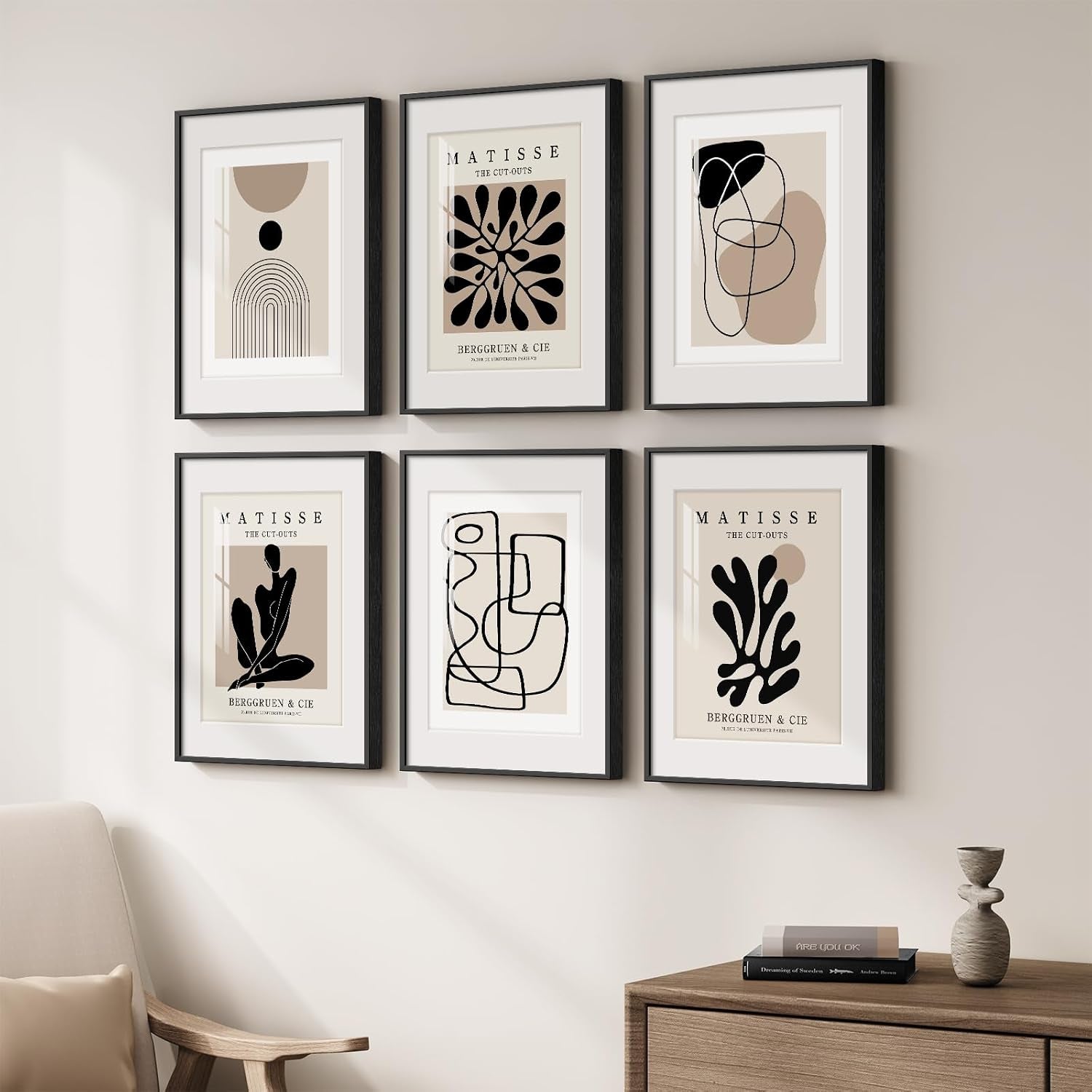 Framed Neutral Abstract Wall Art for Living Room, Set of 6 Minimalist Black Beige Prints Artwork for Walls, Modern Matisse and Geometric Pictures for Bedroom Dining Room Bathroom Wall Decor 11X14 In