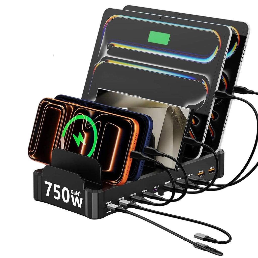 750W Charging Station for Multiple Devices,  10-Port Fast Charger, 5 USB-C 120W Each and 5 USB-A 30W Each, Desktop Charging Hub for Laptop Phone Tablet, Black