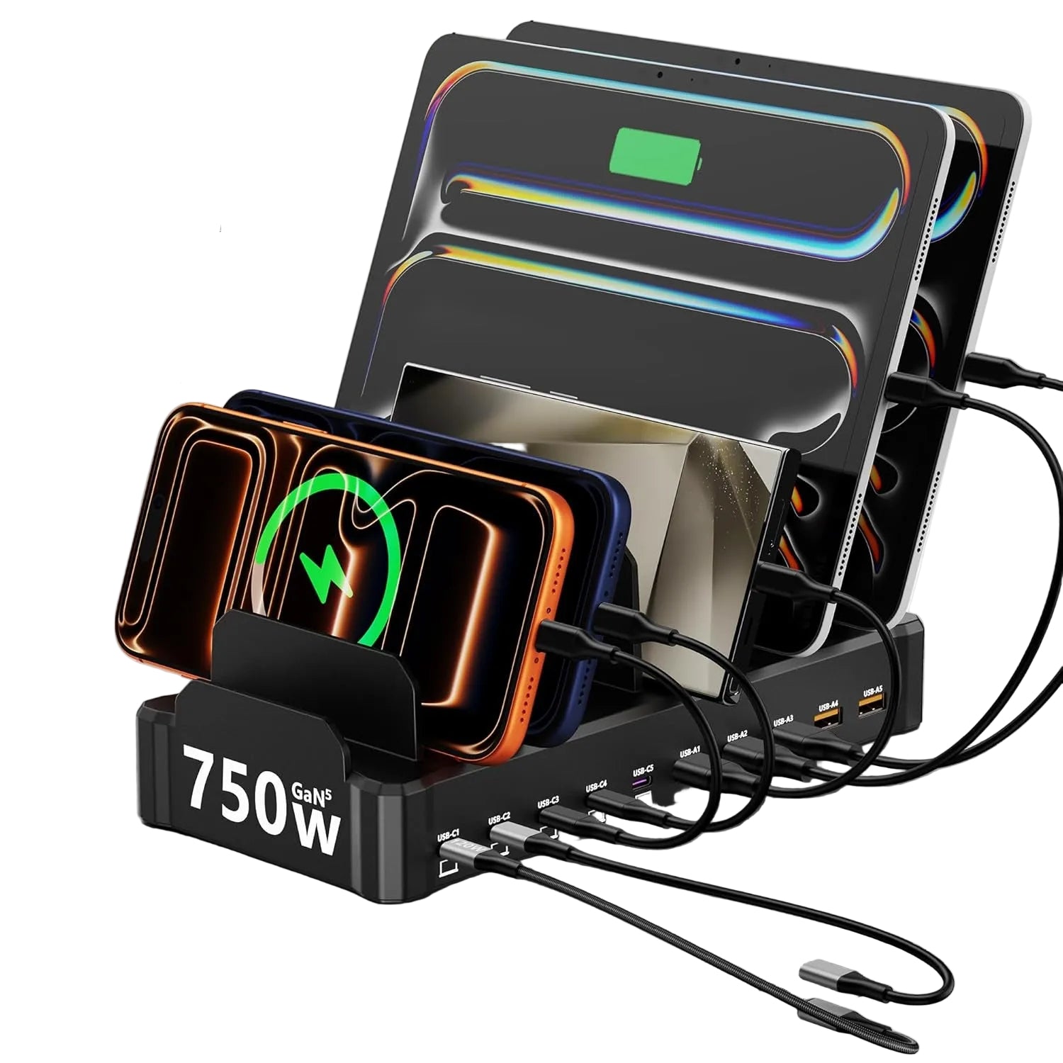 750W Charging Station for Multiple Devices,  10-Port Fast Charger, 5 USB-C 120W Each and 5 USB-A 30W Each, Desktop Charging Hub for Laptop Phone Tablet, Black