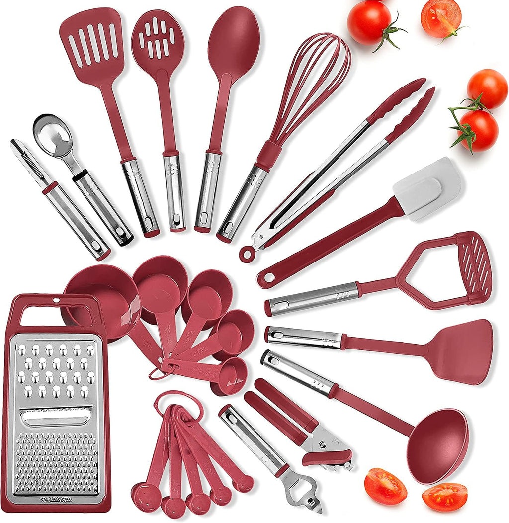 Cooking Utensils Set - 24 Pieces Nylon Kitchen Gadgets, Spatula Set with Stainless Steel Handles - Heat Resistant Kitchen Utensils Set - Red Kitchen Tools and Gadgets