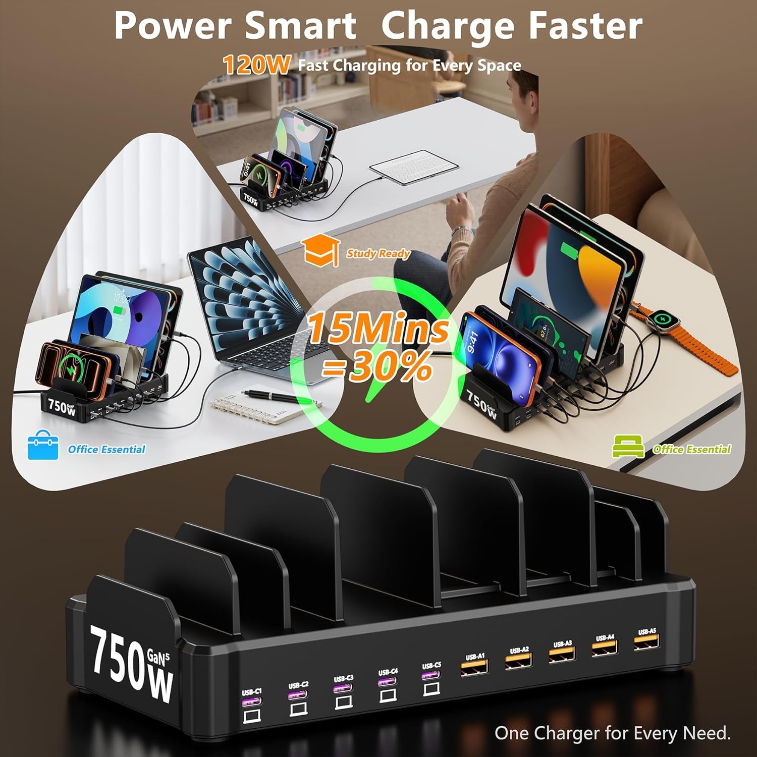 750W Charging Station for Multiple Devices,  10-Port Fast Charger, 5 USB-C 120W Each and 5 USB-A 30W Each, Desktop Charging Hub for Laptop Phone Tablet, Black