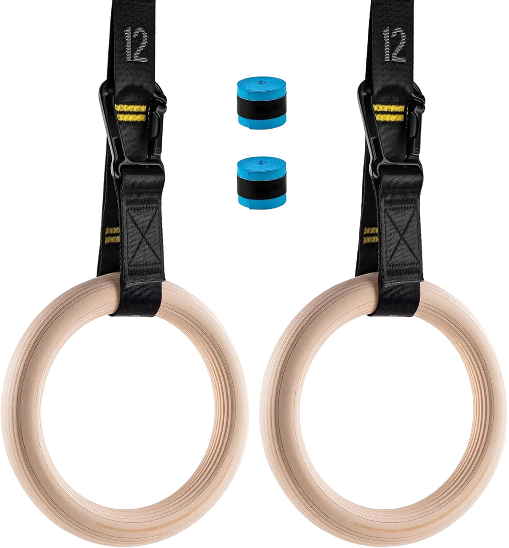 Wooden Gym Rings, 9Ft Numbered Double-Layer Quick Adjust Straps | Sturdy Wooden Gymnastic Rings Build Upper Body and Core Strength for Daily Bodyweight Fitness and Muscle Shaping Routines