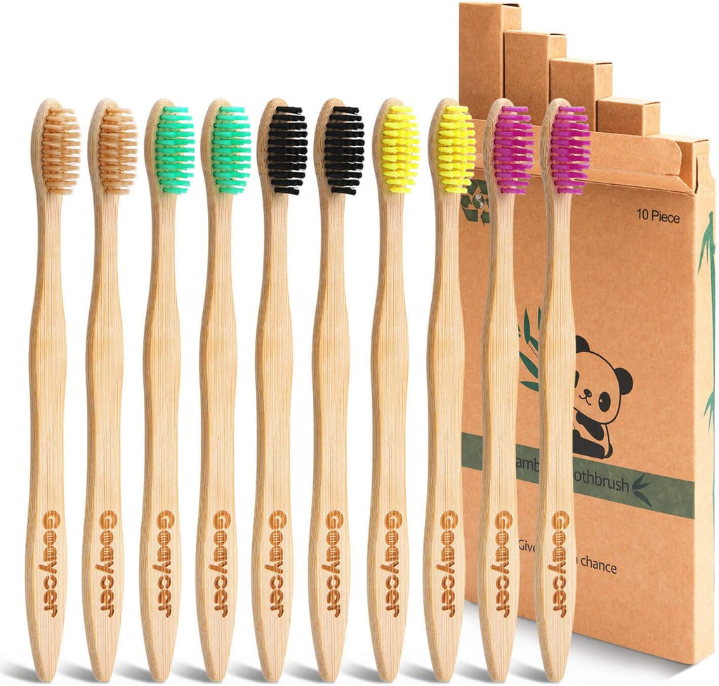 Bamboo Toothbrushes 10 Pack, Medium Soft Bristles BPA Free Biodegradable Bulk Wooden Toothbrush