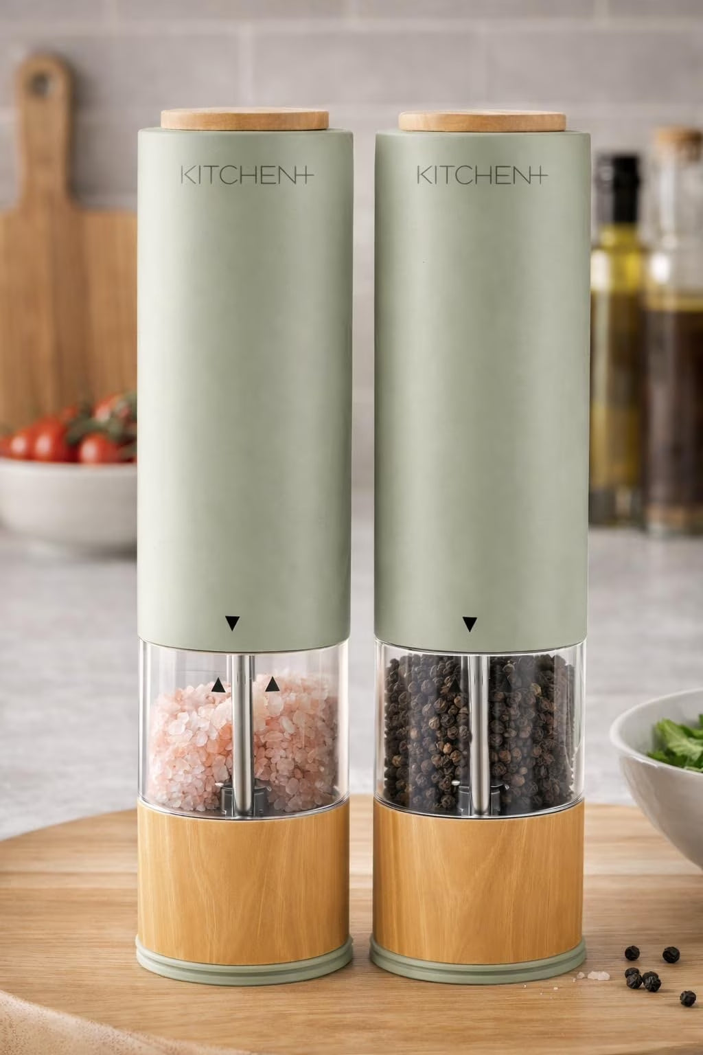 Electric Salt and Pepper Grinder Set – Automatic Battery Salt & Pepper Mills with Adjustable Grind, Built-In Light, Sleek Matte + Wood Trim Design, Easy Refill, Durable Ceramic Spice Grinder