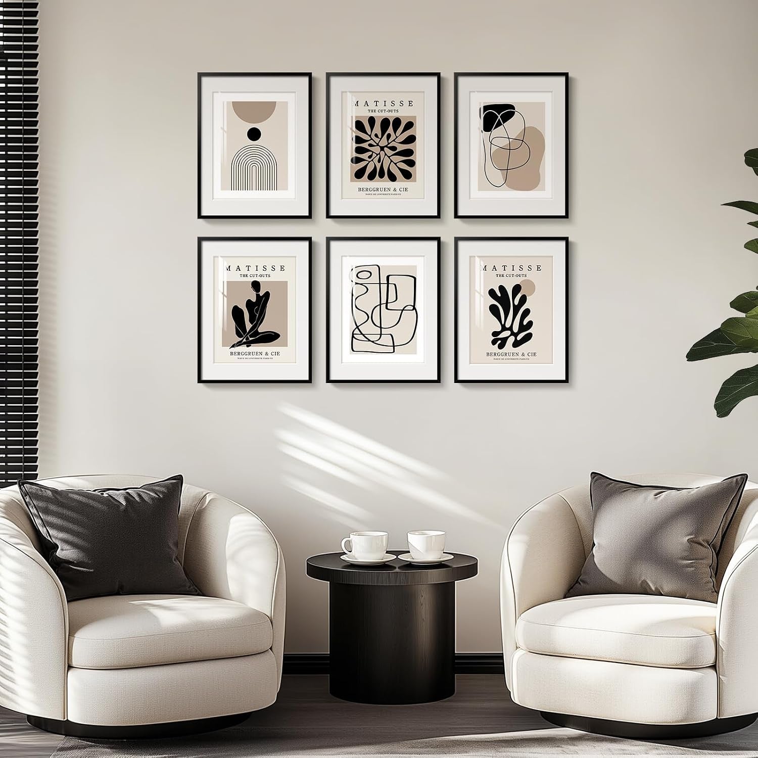 Framed Neutral Abstract Wall Art for Living Room, Set of 6 Minimalist Black Beige Prints Artwork for Walls, Modern Matisse and Geometric Pictures for Bedroom Dining Room Bathroom Wall Decor 11X14 In