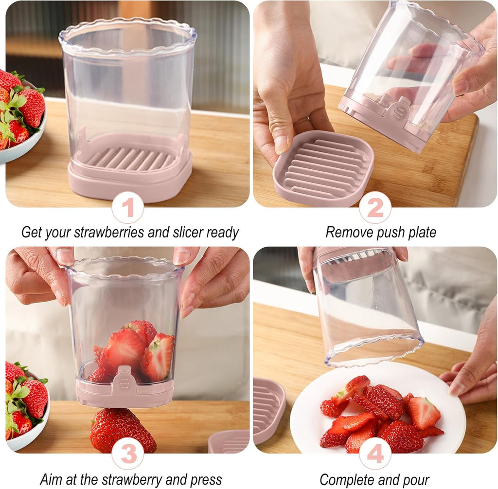 Fruit Slicer Cup - Stainless Steel Strawberry Slicer with Push Plate, Detachable Egg Banana Grape Cutter, Dishwasher Safe Multifunctional Kitchen Gadget for Fruit Salad Cake (Pink)