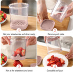 Fruit Slicer Cup - Stainless Steel Strawberry Slicer with Push Plate, Detachable Egg Banana Grape Cutter, Dishwasher Safe Multifunctional Kitchen Gadget for Fruit Salad Cake (Pink)