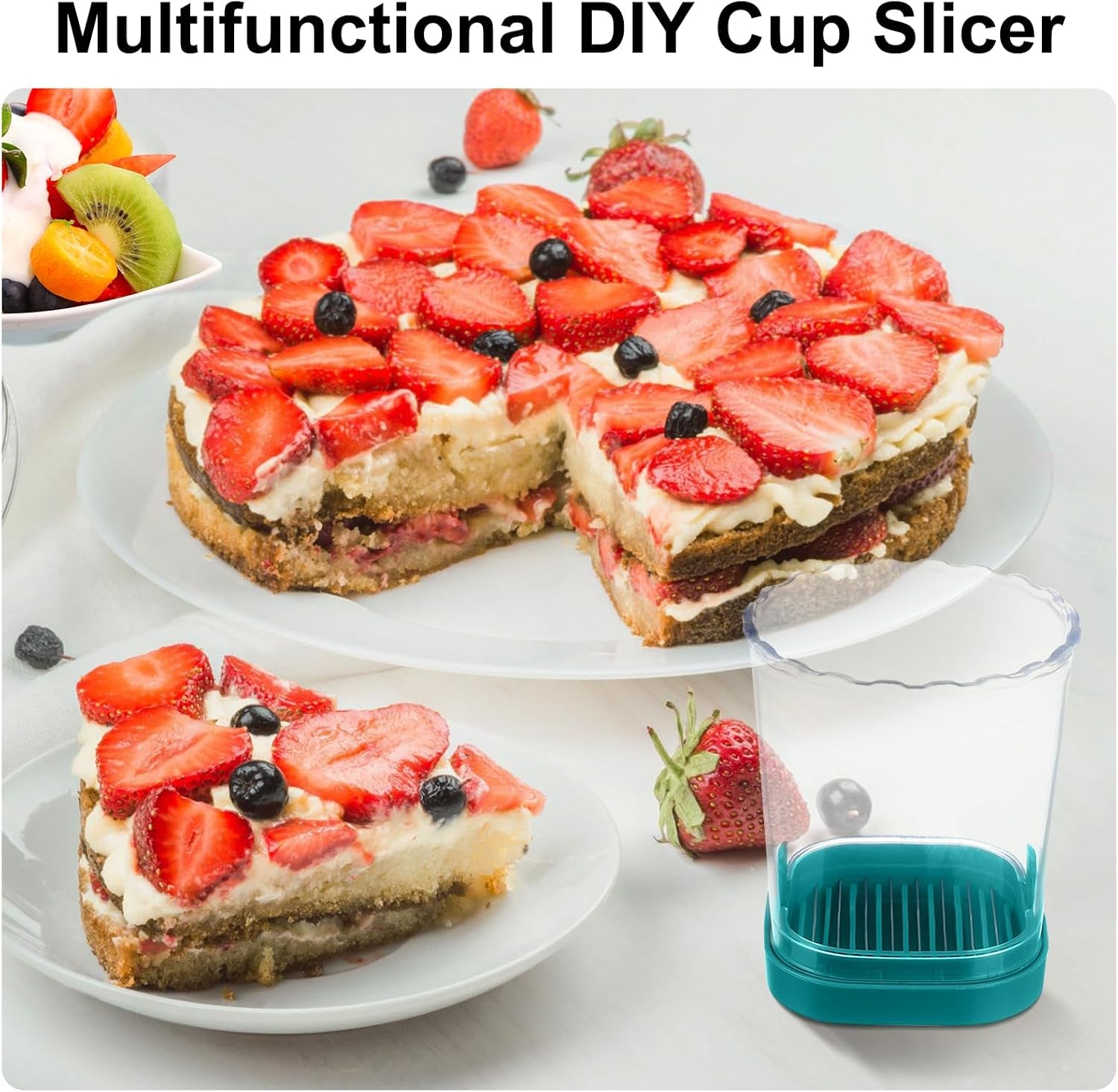 Fruit Slicer Cup - Stainless Steel Strawberry Slicer with Push Plate, Detachable Egg Banana Grape Cutter, Dishwasher Safe Multifunctional Kitchen Gadget for Fruit Salad Cake (Dark Teal)