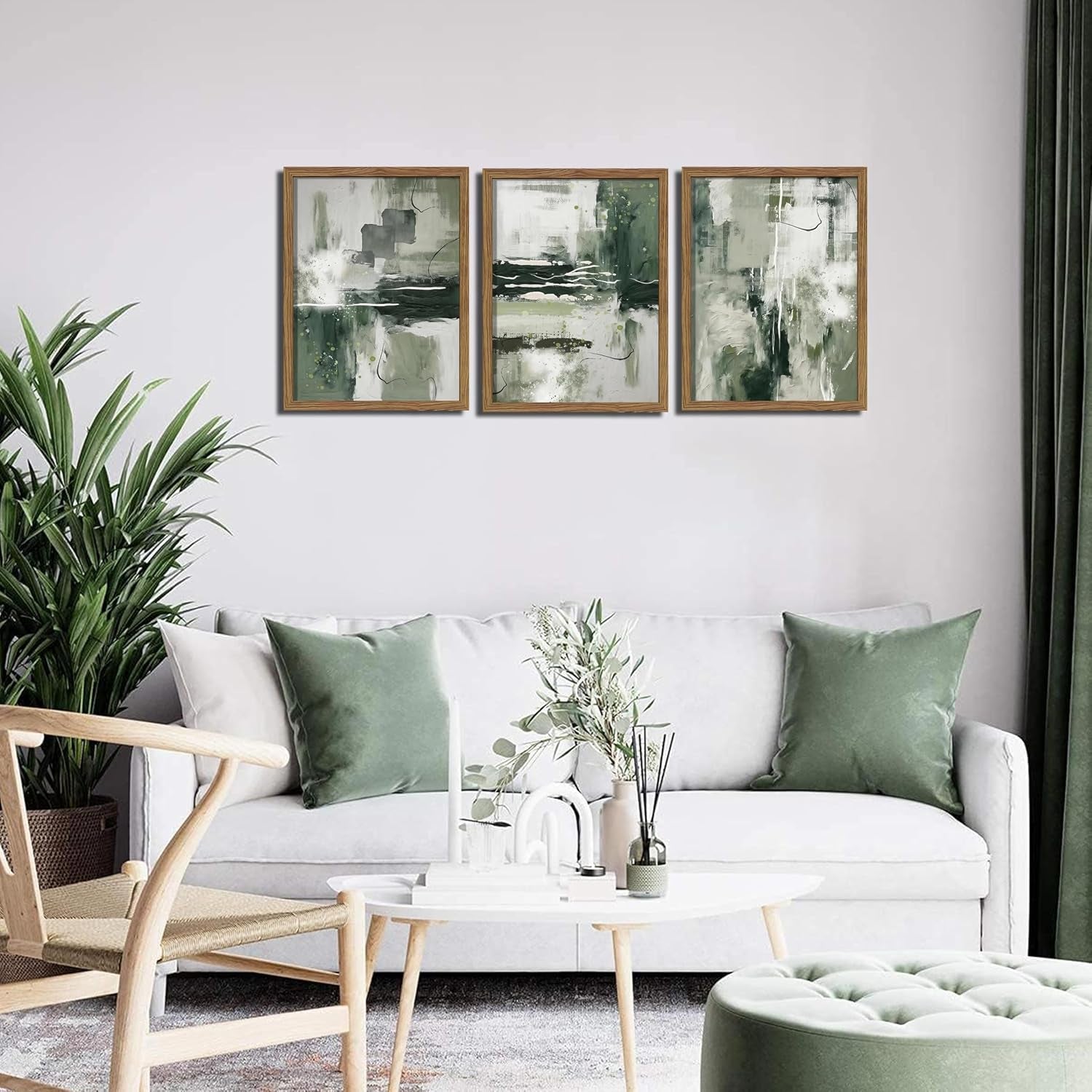 Sage Green Abstract Wall Art Set of 3, Modern Abstract Canvas Wall Decor Paintings, Green Neutral Minimalist Posters Prints Pictures for Living Room Bedroom Office Home Decor 16X24 Inch Wood Framed