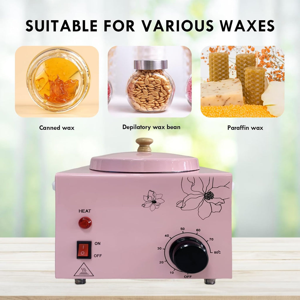 Portable Single Pot Wax Warmer for Painless Hair Removal, Fast Temperature Adjustable Wax Heater with Large Wax Pot for Facial Skin Body SPA Salon Equipment Beauty Salon (Pink-Single Pots)