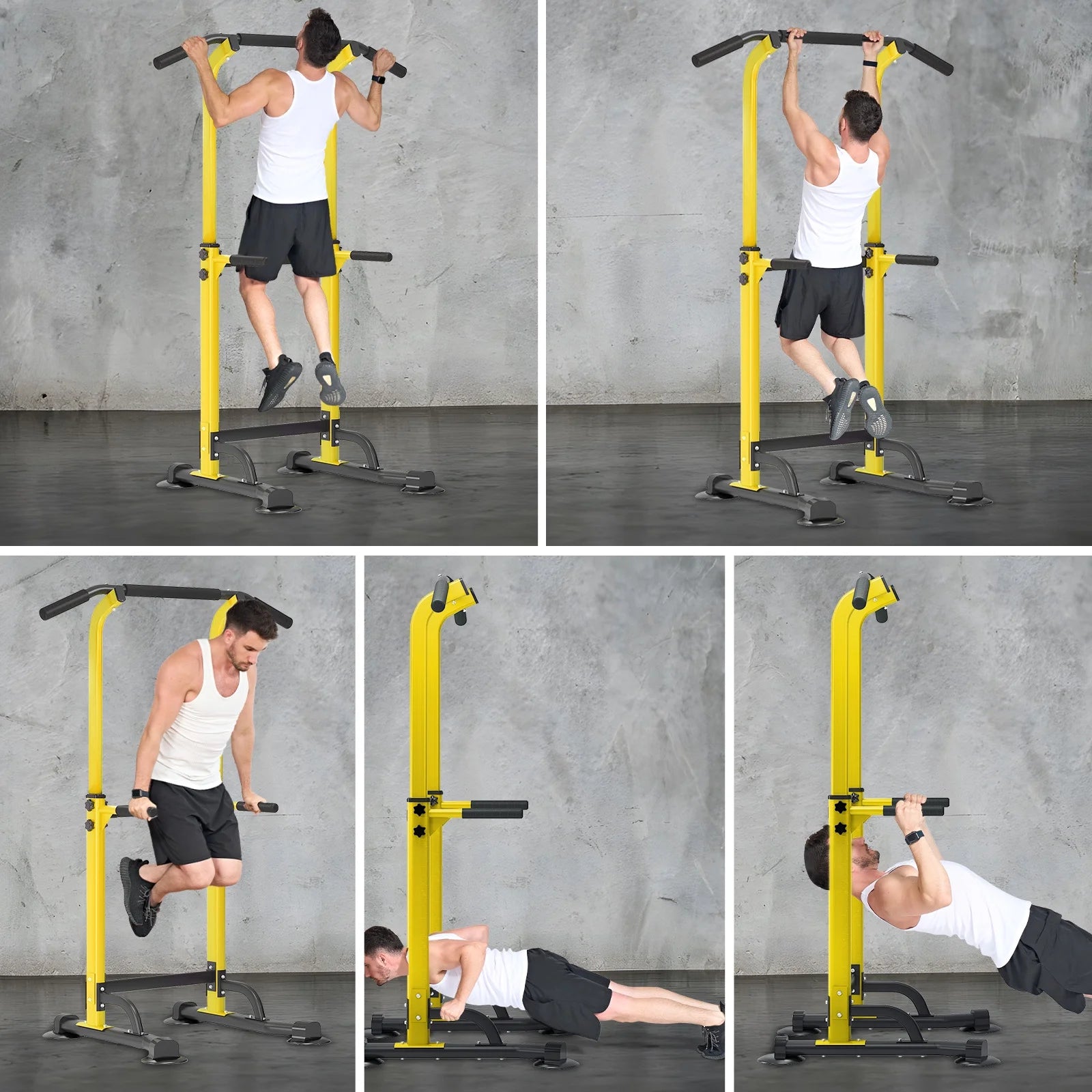 Height Adjustable Power Tower Dip Stands Pull up Bar Strength Training for Home Gym Yellow