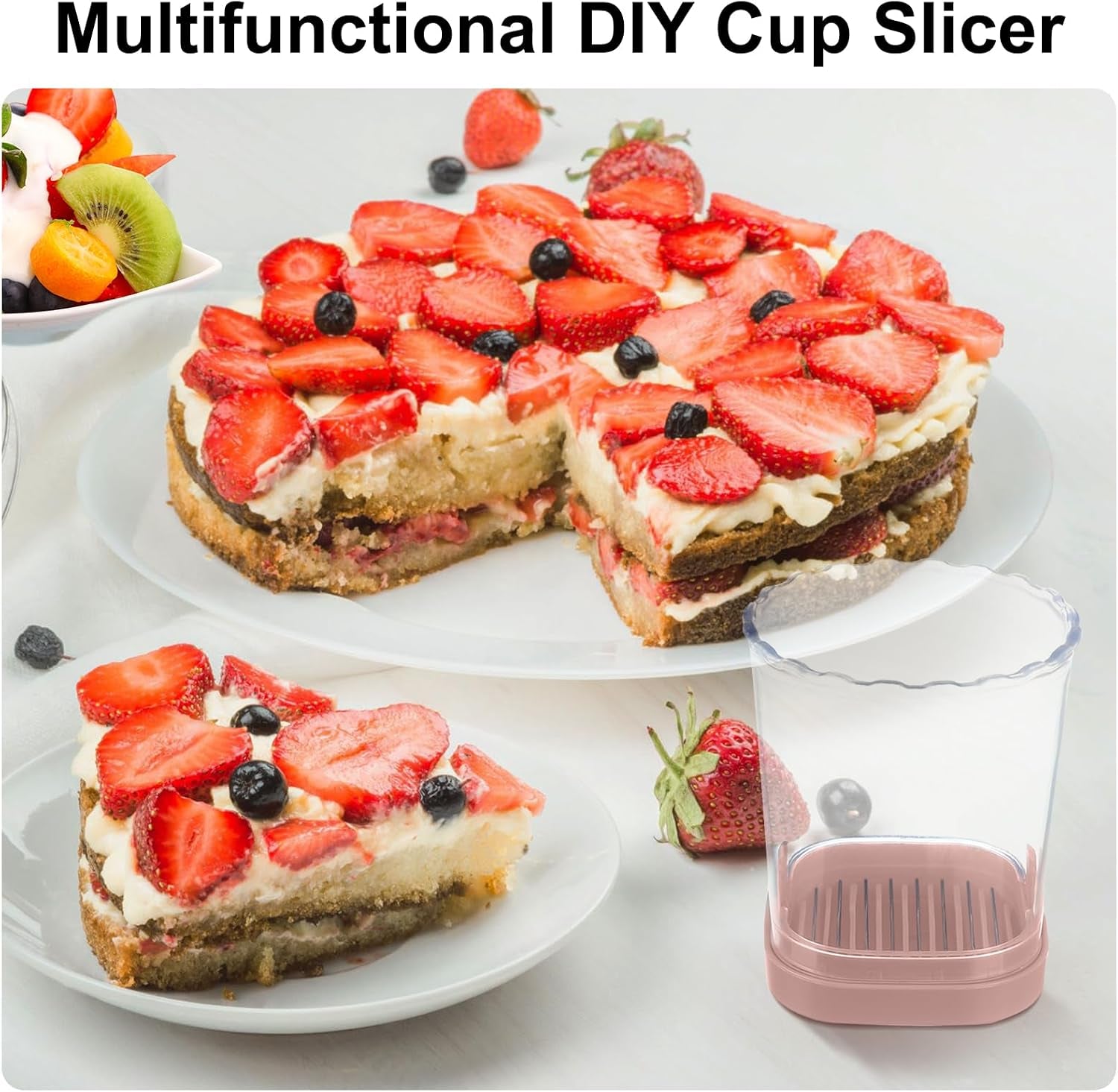Fruit Slicer Cup - Stainless Steel Strawberry Slicer with Push Plate, Detachable Egg Banana Grape Cutter, Dishwasher Safe Multifunctional Kitchen Gadget for Fruit Salad Cake (Pink)