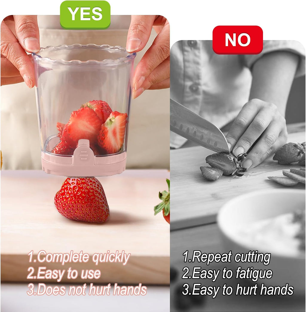 Fruit Slicer Cup - Stainless Steel Strawberry Slicer with Push Plate, Detachable Egg Banana Grape Cutter, Dishwasher Safe Multifunctional Kitchen Gadget for Fruit Salad Cake (Pink)