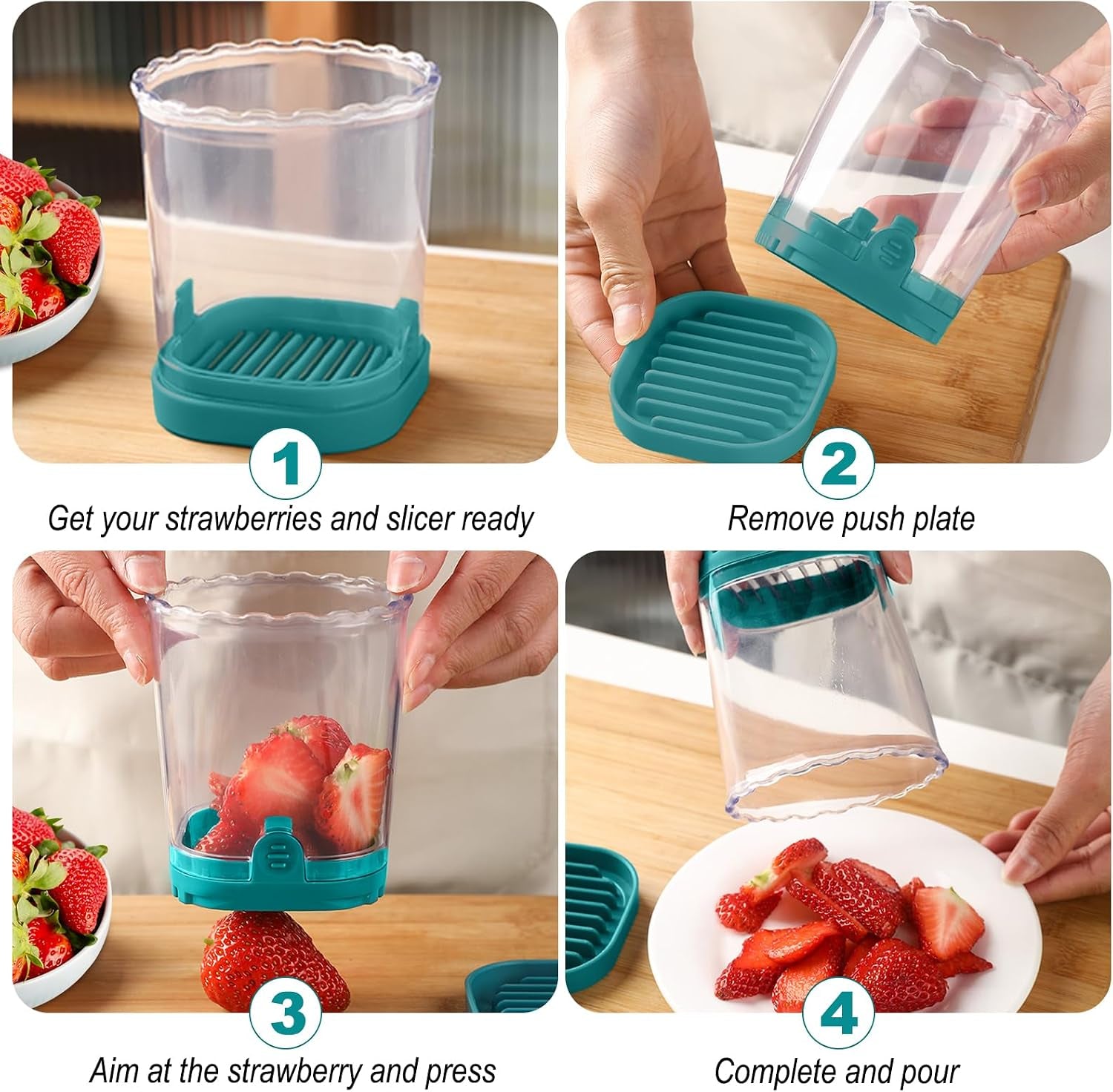 Fruit Slicer Cup - Stainless Steel Strawberry Slicer with Push Plate, Detachable Egg Banana Grape Cutter, Dishwasher Safe Multifunctional Kitchen Gadget for Fruit Salad Cake (Dark Teal)
