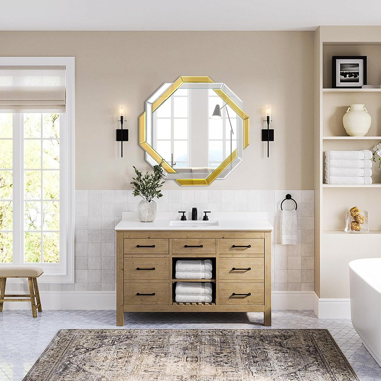 Gold Bathroom Mirror-20”X20” Helicoid Wall Mirrors Decorative,Hexagon Beveled Edge Frameless Mirror for Wall Bathroom, Vanity Room, Bedroom, Living Room and Enterway