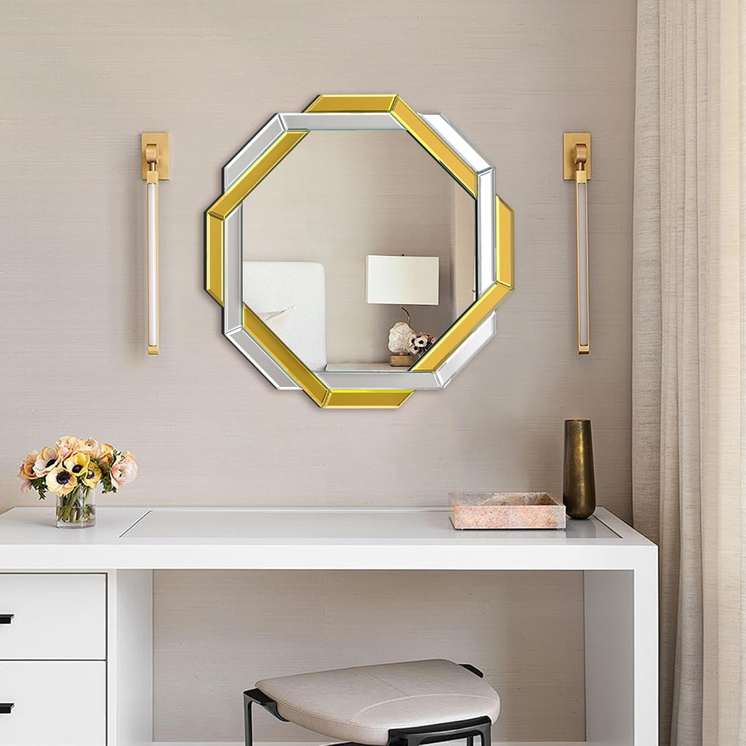 Gold Bathroom Mirror-20”X20” Helicoid Wall Mirrors Decorative,Hexagon Beveled Edge Frameless Mirror for Wall Bathroom, Vanity Room, Bedroom, Living Room and Enterway
