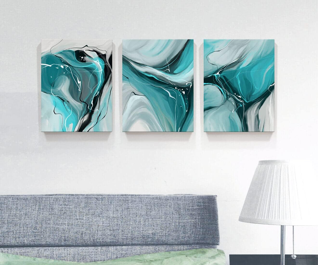 Modern Abstract Wall Art Canvas Prints, 3-Piece Teal and Gray Fluid Art, Contemporary Home Decor Wall Art in the Living Room, Bedroom and Bathroom12X16 Inch/Set of 3