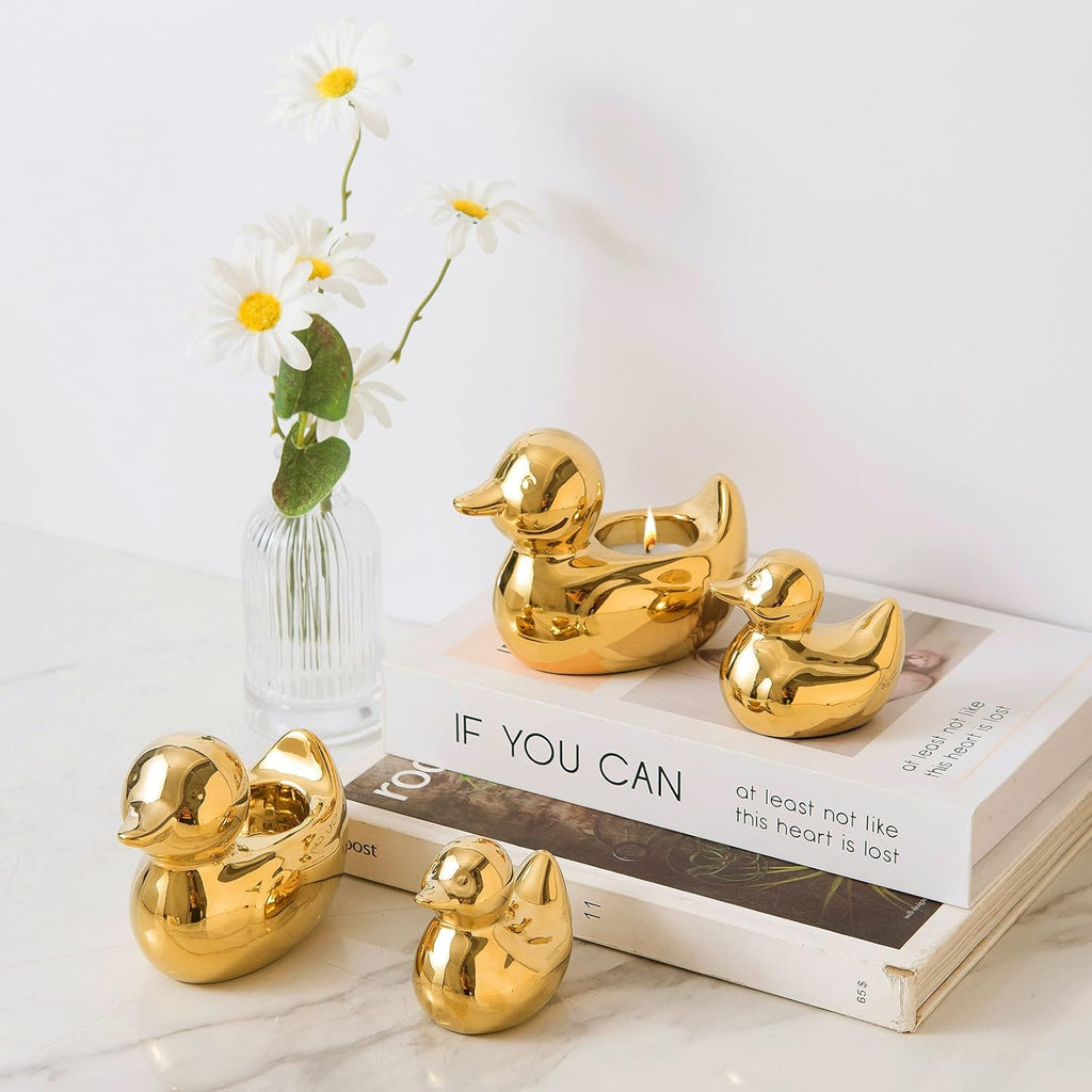 Home Decor Golden Ceramic Duck Figurines, Home Decor Animal Sculptures and Statues Handmade Artware Decor, Mini Duck