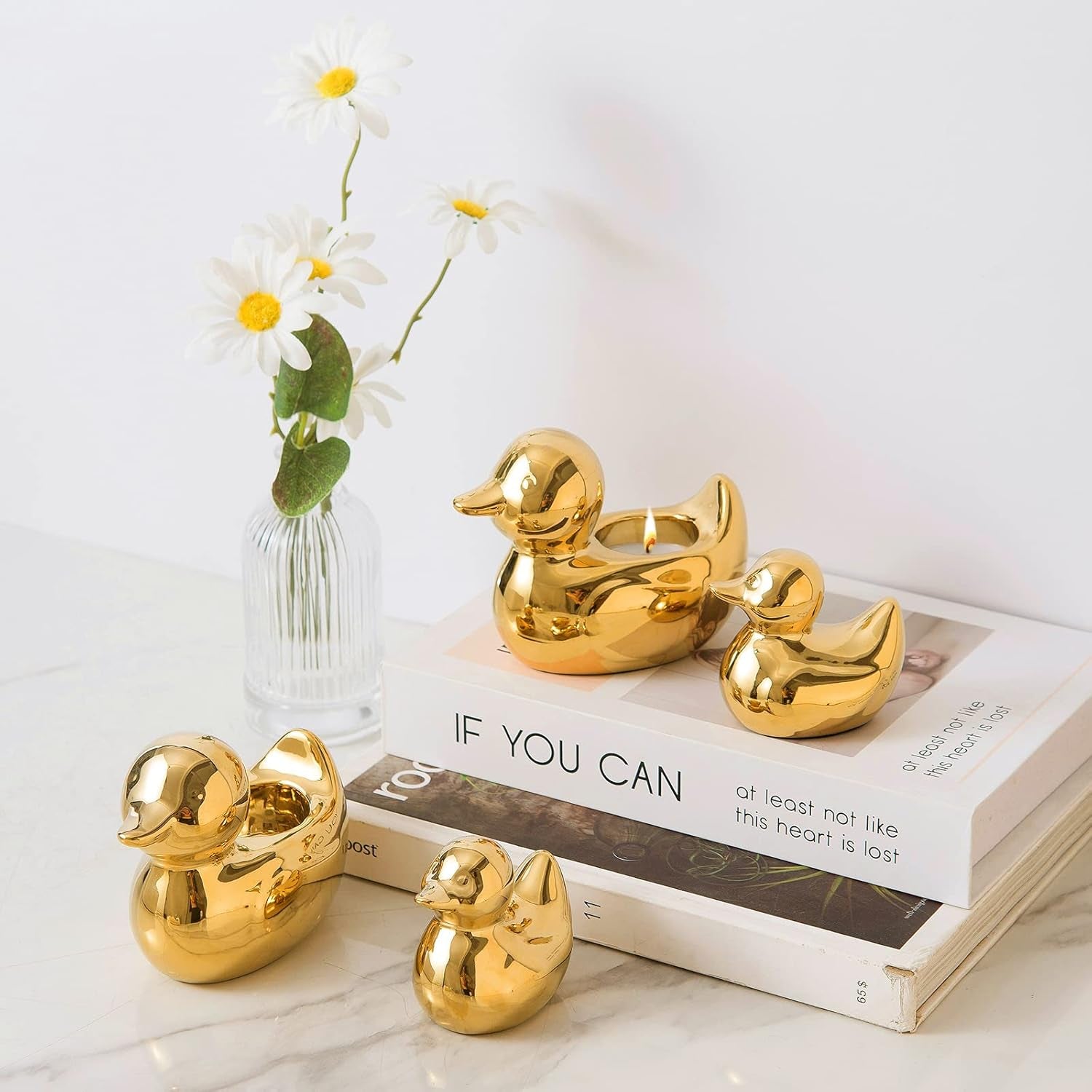 Home Decor Golden Ceramic Duck Figurines, Home Decor Animal Sculptures and Statues Handmade Artware Decor, Mini Duck