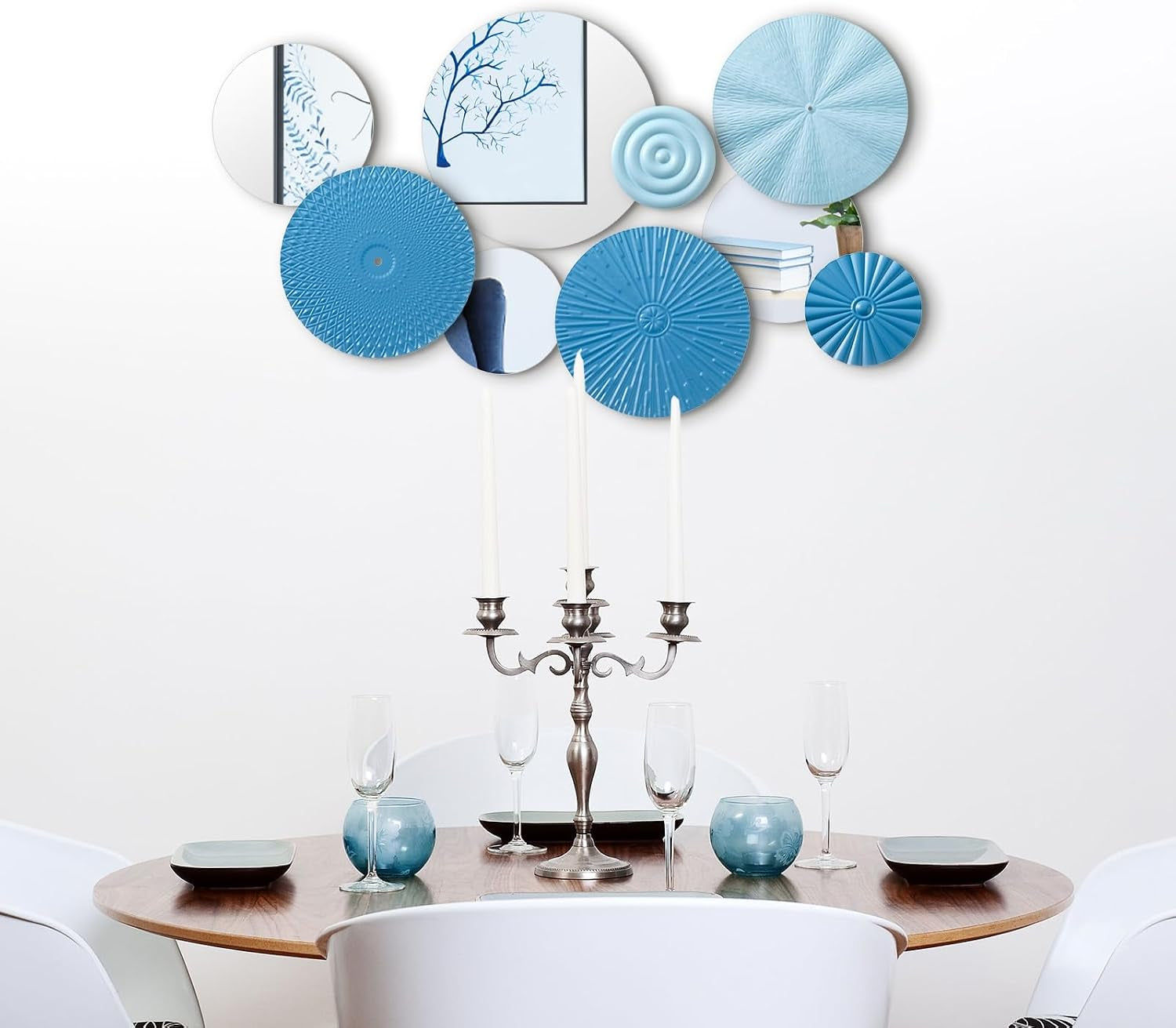 9 Pcs Blue Mirror Wall Decor Metal round Home Art Decor Decorative Modern Circle Mirror Wall Art Sculpture Hanging Decorations for Home Living Room Office