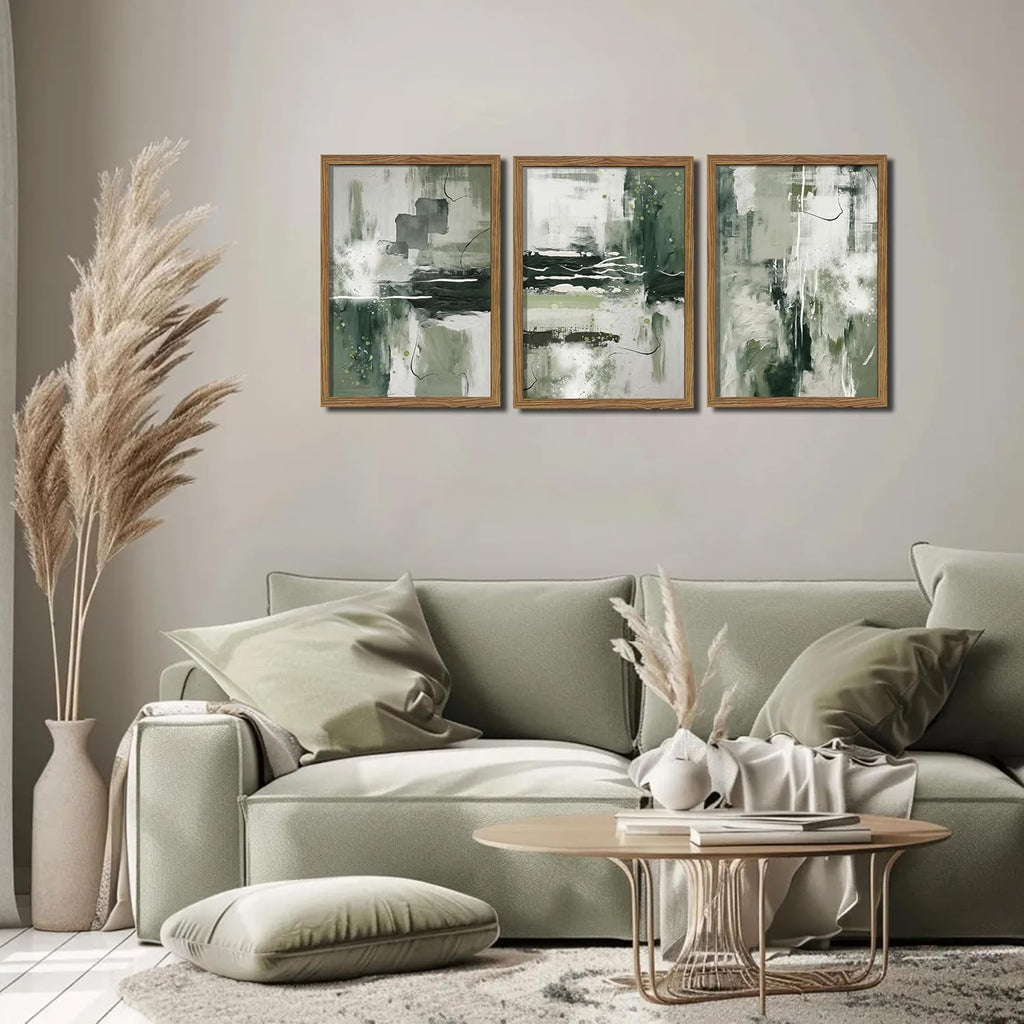 Sage Green Abstract Wall Art Set of 3, Modern Abstract Canvas Wall Decor Paintings, Green Neutral Minimalist Posters Prints Pictures for Living Room Bedroom Office Home Decor 16X24 Inch Wood Framed
