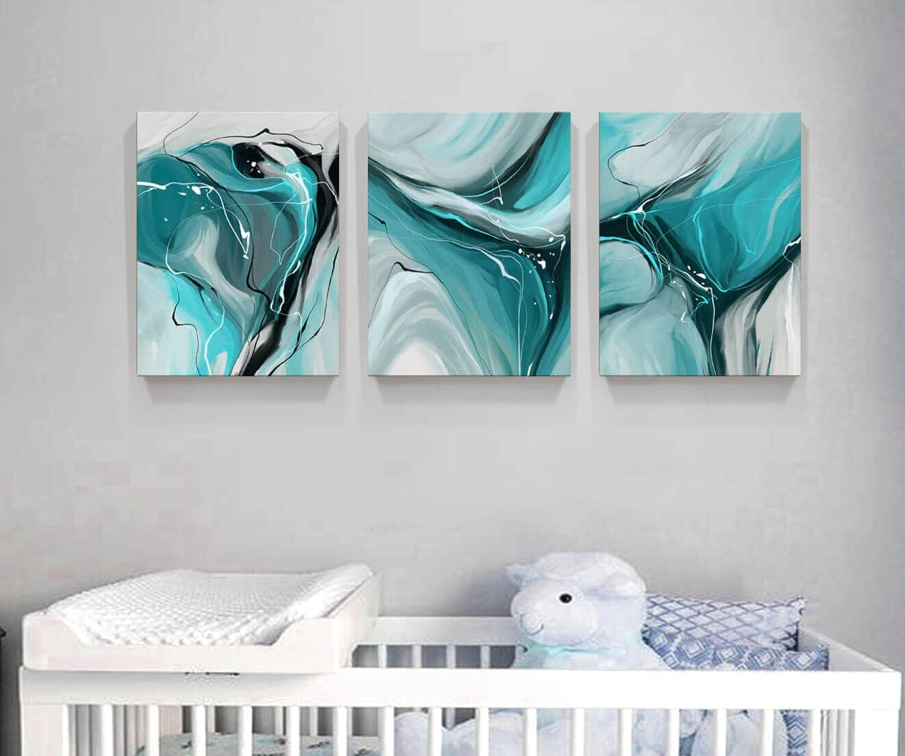 Modern Abstract Wall Art Canvas Prints, 3-Piece Teal and Gray Fluid Art, Contemporary Home Decor Wall Art in the Living Room, Bedroom and Bathroom12X16 Inch/Set of 3