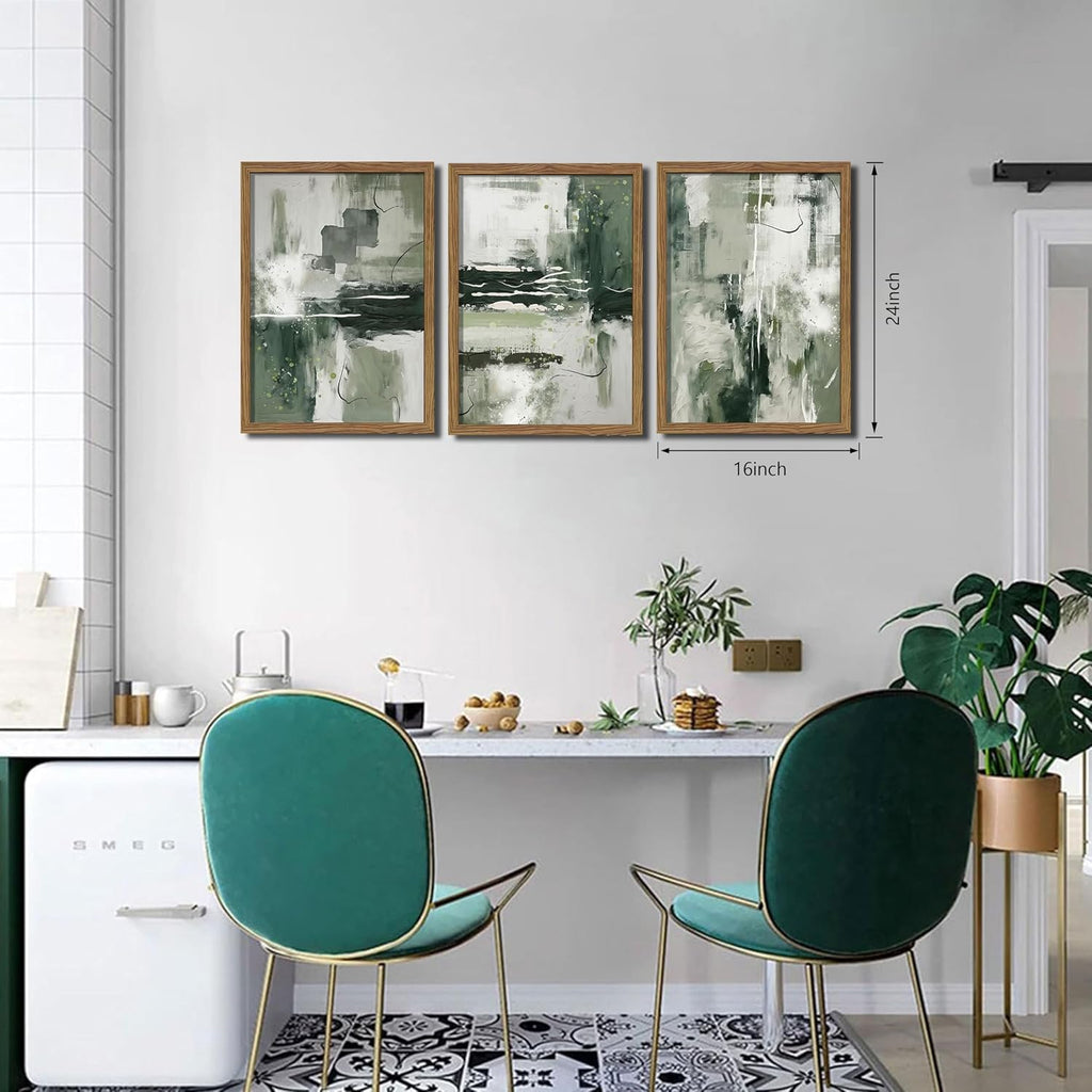 Sage Green Abstract Wall Art Set of 3, Modern Abstract Canvas Wall Decor Paintings, Green Neutral Minimalist Posters Prints Pictures for Living Room Bedroom Office Home Decor 16X24 Inch Wood Framed