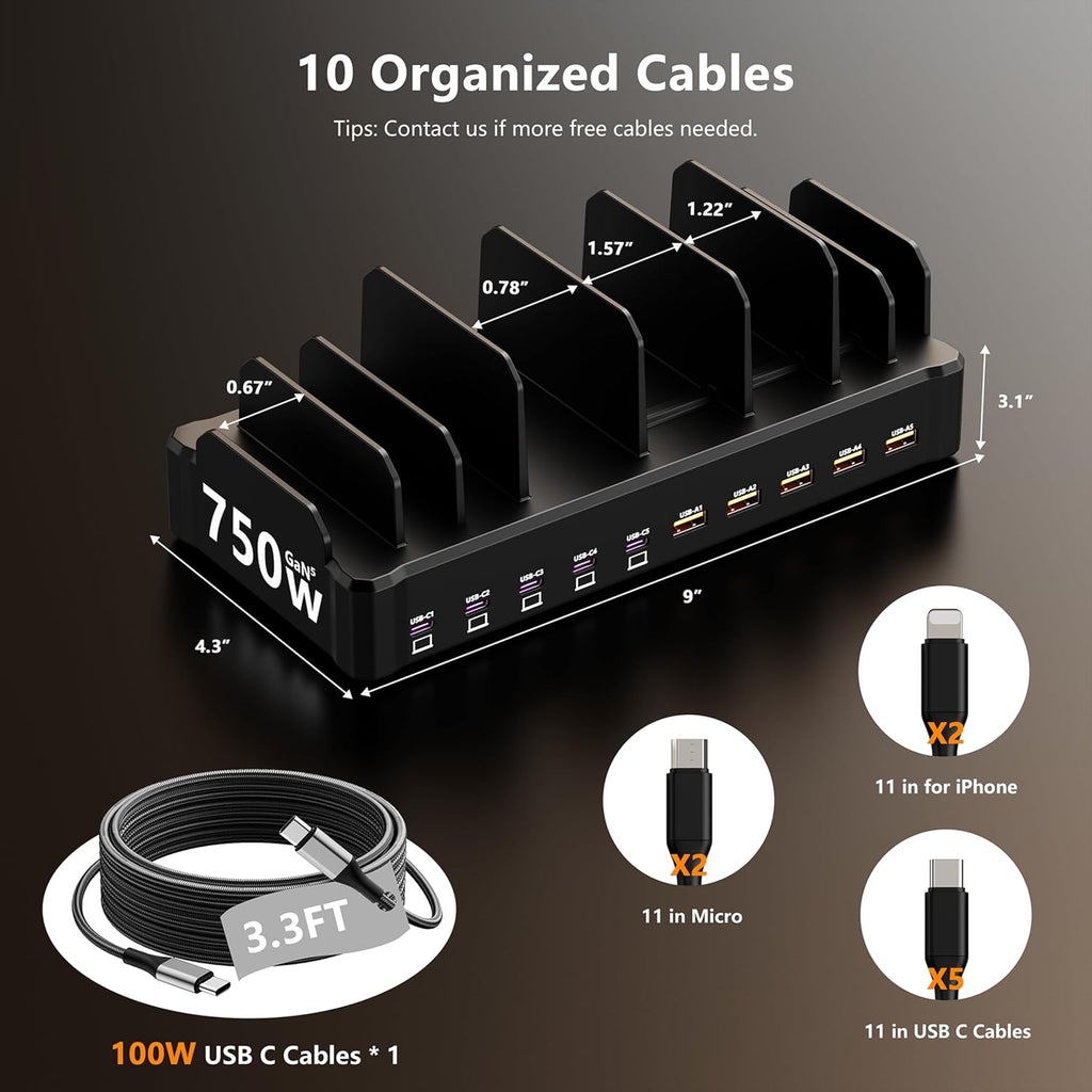 750W Charging Station for Multiple Devices,  10-Port Fast Charger, 5 USB-C 120W Each and 5 USB-A 30W Each, Desktop Charging Hub for Laptop Phone Tablet, Black
