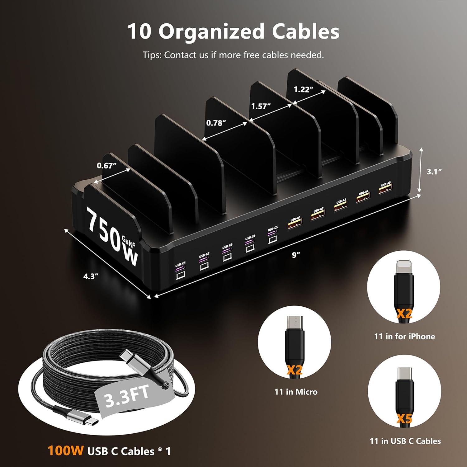 750W Charging Station for Multiple Devices,  10-Port Fast Charger, 5 USB-C 120W Each and 5 USB-A 30W Each, Desktop Charging Hub for Laptop Phone Tablet, Black