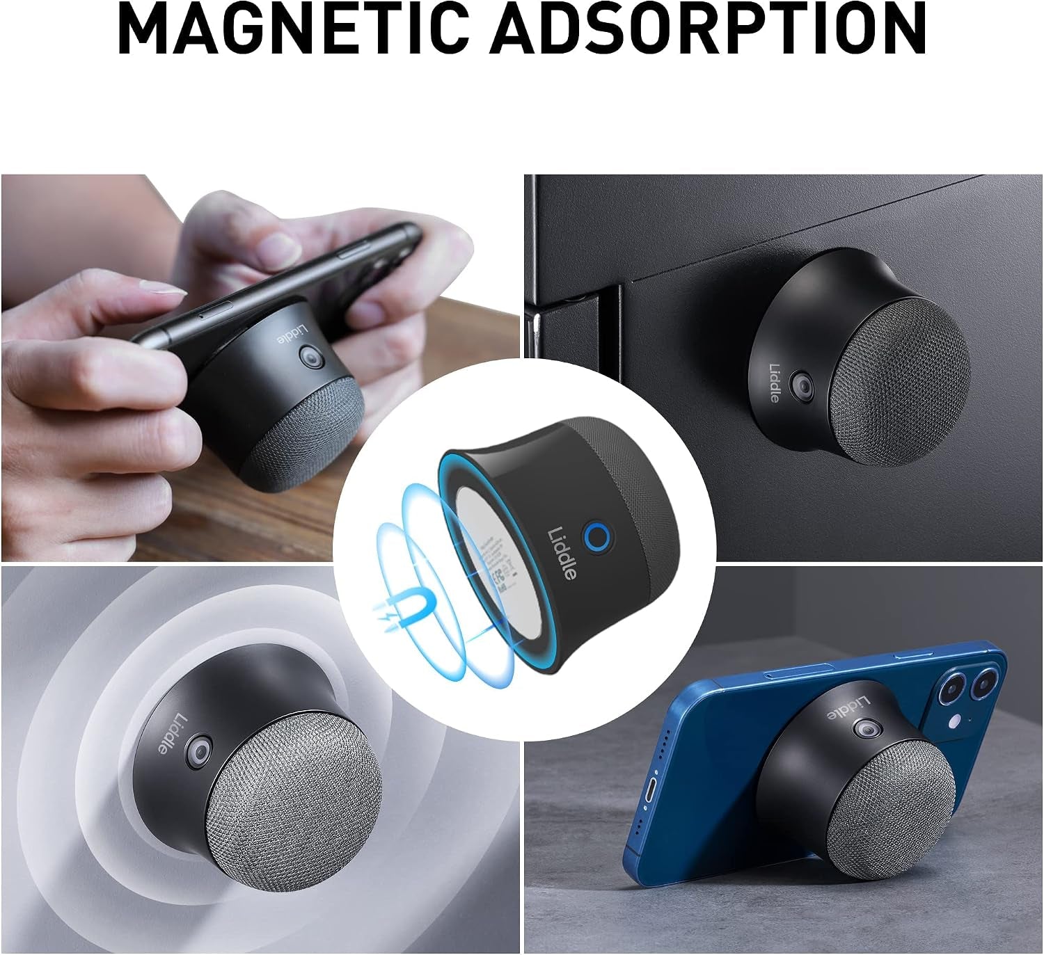 Liddle Speaker Magnetic Small Bluetooth Speaker Support Magsafe for Iphone 12/13/14/15/16, Wall Mount Mini Bluetooth Speaker for Golf Cart, Magnetic Attach to Anywhere, True Wireless Speaker (Black)
