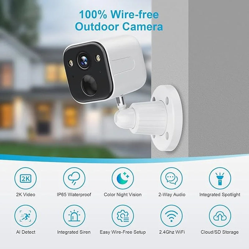 Security Cameras Wireless Outdoor, Battery Powered Wifi Camera for Home Security, 2K Color Night Vision, AI Motion Detection, IP65 Waterproof, 2-Way Audio, Spotlight & Siren, Cloud/Sd Storage