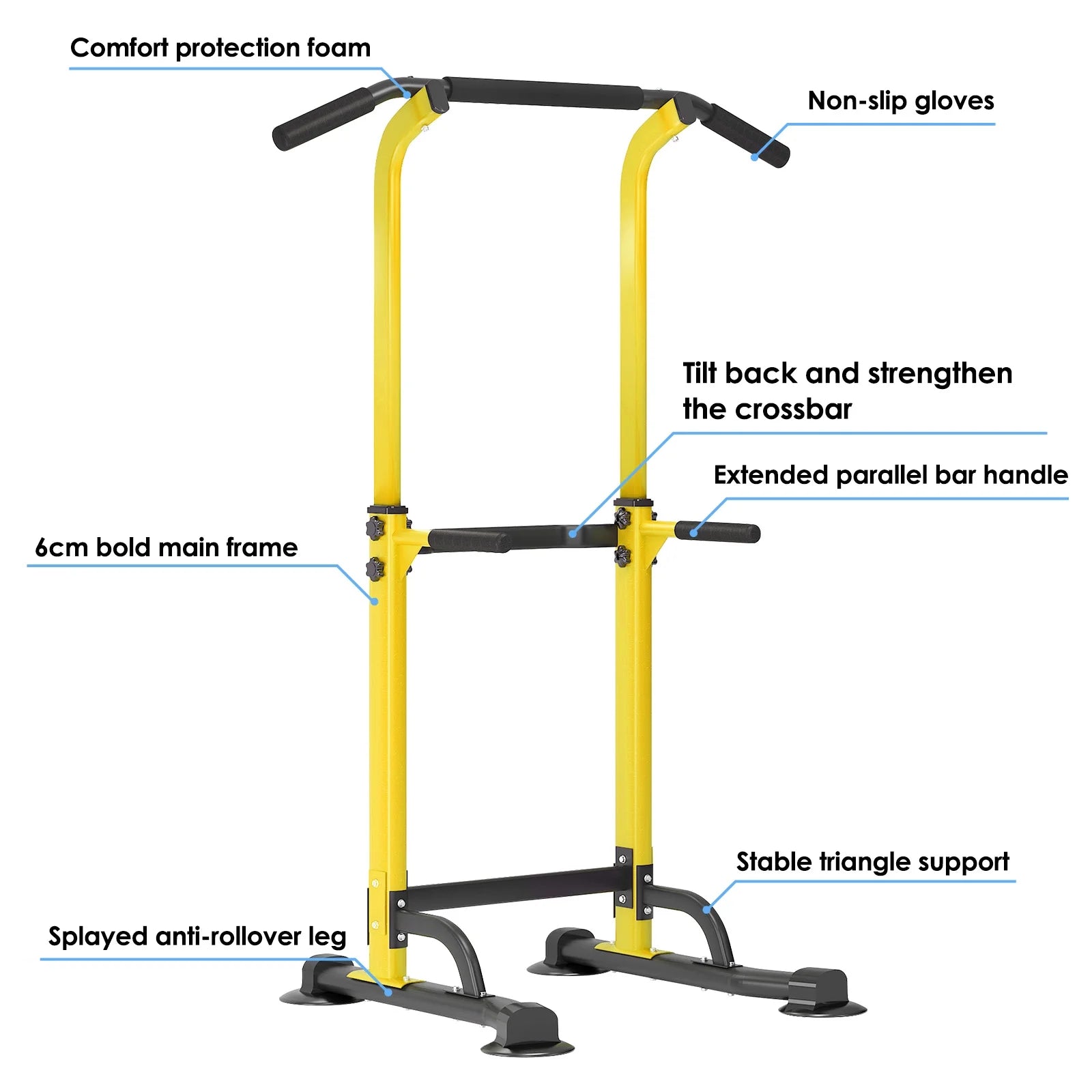 Height Adjustable Power Tower Dip Stands Pull up Bar Strength Training for Home Gym Yellow