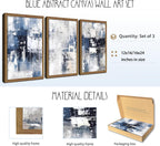 Blue Abstract Wall Art Set of 3, White and Blue Abstract Canvas Wall Decor Paintings, Modern Neutral Minimalist Posters Prints Pictures for Living Room Bedroom Office Home Decor 16X24 Inch Wood Framed