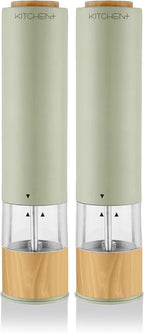 Electric Salt and Pepper Grinder Set – Automatic Battery Salt & Pepper Mills with Adjustable Grind, Built-In Light, Sleek Matte + Wood Trim Design, Easy Refill, Durable Ceramic Spice Grinder