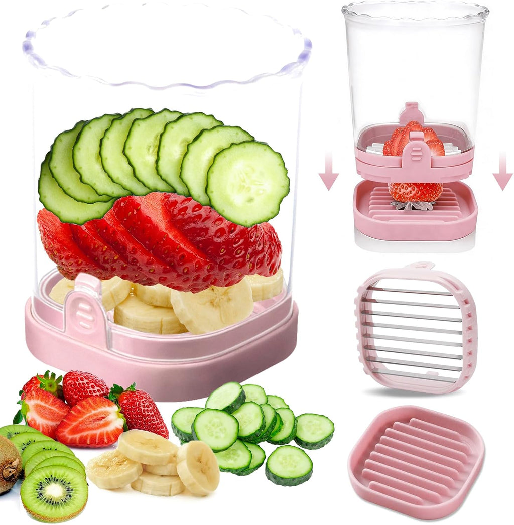 Fruit Slicer Cup - Stainless Steel Strawberry Slicer with Push Plate, Detachable Egg Banana Grape Cutter, Dishwasher Safe Multifunctional Kitchen Gadget for Fruit Salad Cake (Pink)