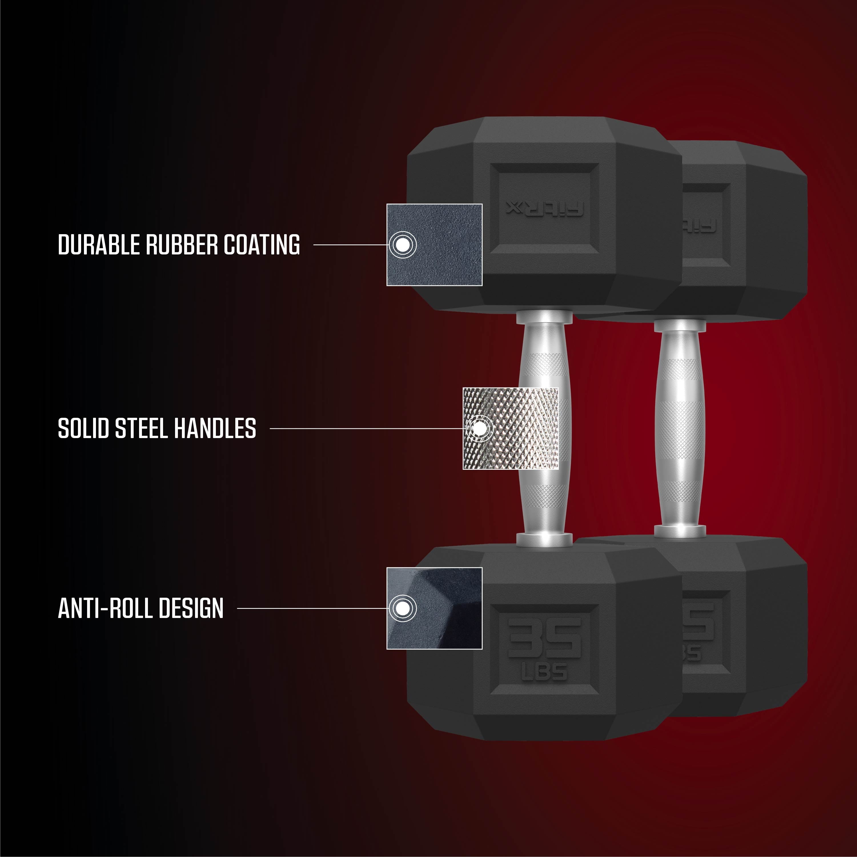 35Lbs Rubber Hex Dumbbell – Solid Steel Handle, Durable Rubber Coating, Anti-Roll Weight for Fitness, Single