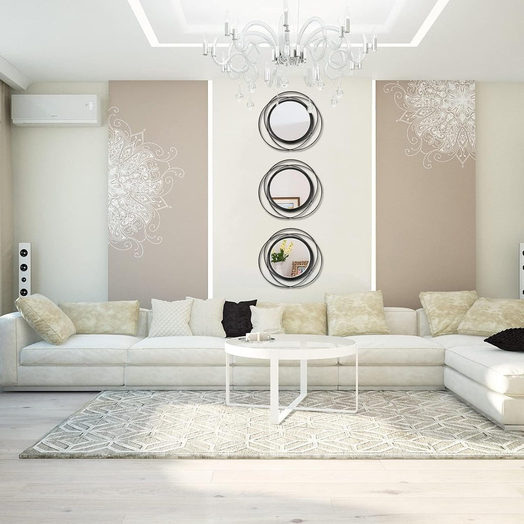 3 Set round Mirrors for Wall Decor Living Room Bedroom Bathroom Dining Room Metal Circle Mirror Set Boho Decorative Sunburst Wall Art Accent Entryway - Black 11 In