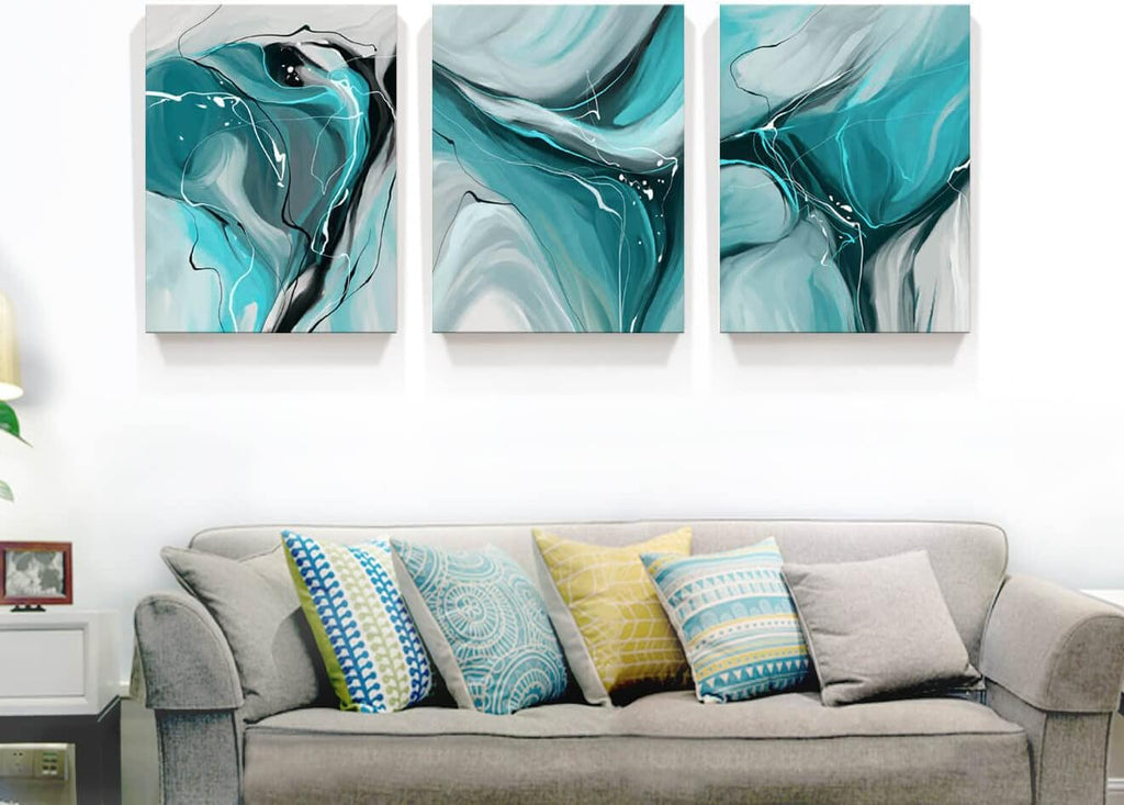 Modern Abstract Wall Art Canvas Prints, 3-Piece Teal and Gray Fluid Art, Contemporary Home Decor Wall Art in the Living Room, Bedroom and Bathroom12X16 Inch/Set of 3