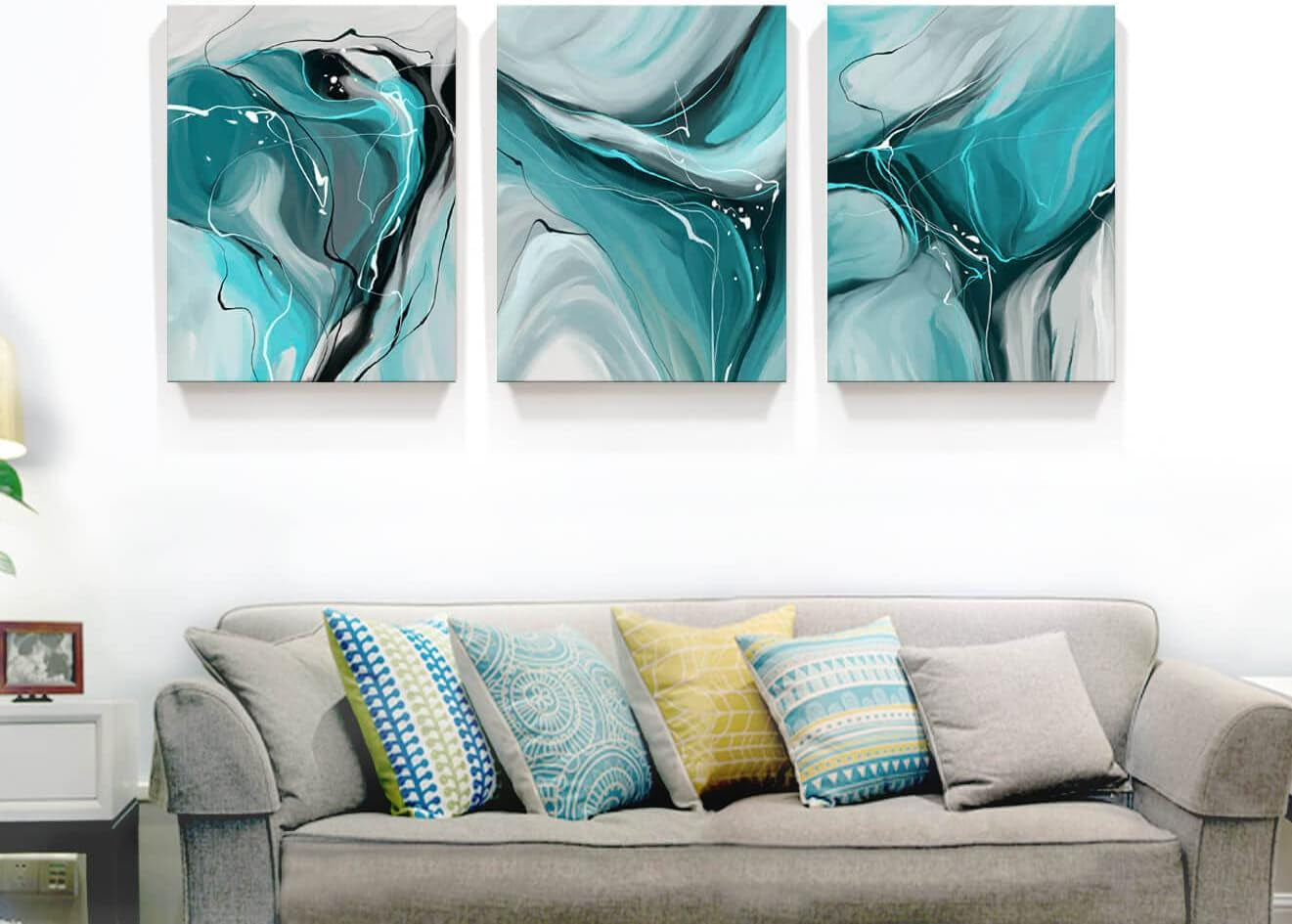 Modern Abstract Wall Art Canvas Prints, 3-Piece Teal and Gray Fluid Art, Contemporary Home Decor Wall Art in the Living Room, Bedroom and Bathroom12X16 Inch/Set of 3