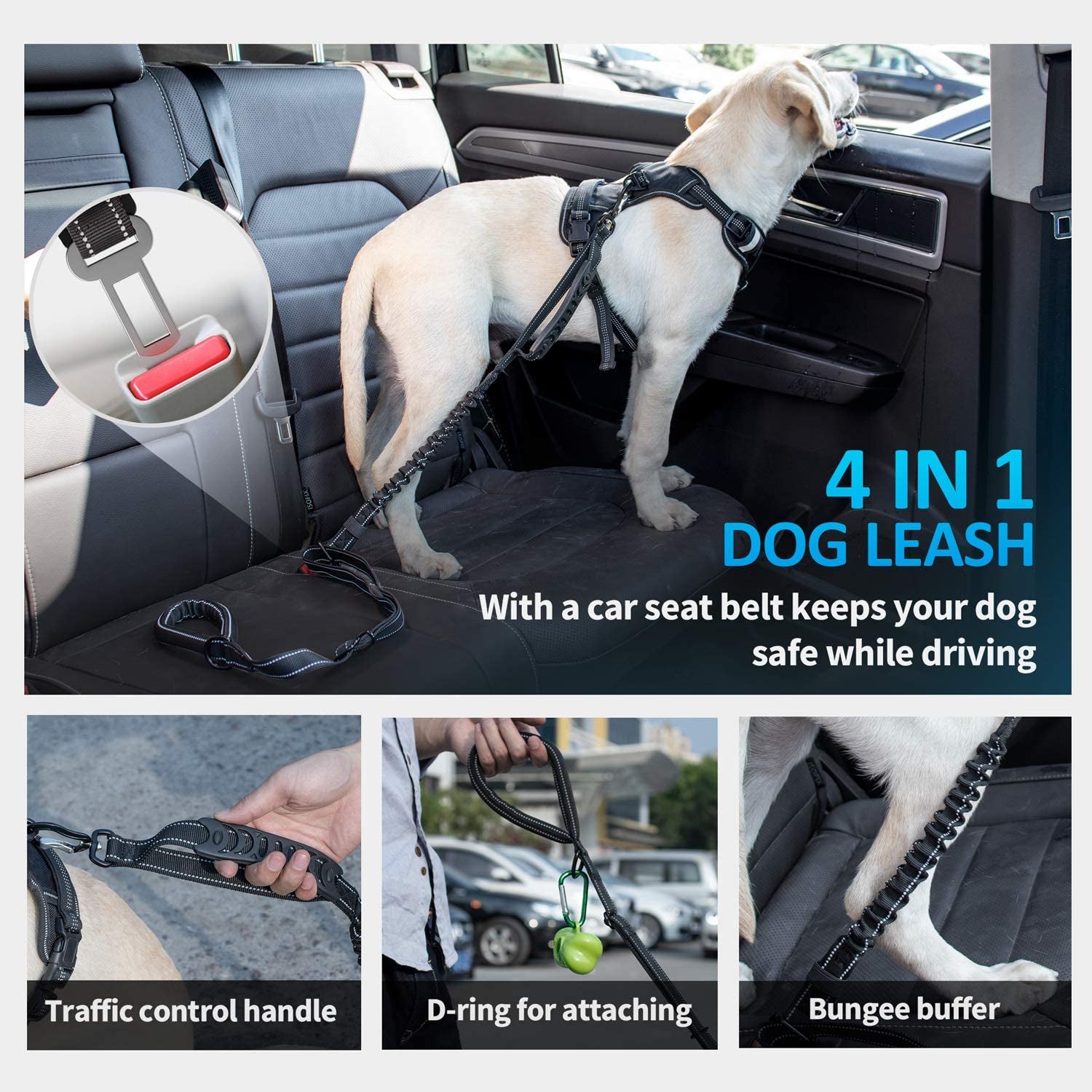 Multifunctional Tactical Dog Leash Heavy Duty,4-6 FT Strong Bungee Leash with Car Seatbelt, Shock Absorbing Dog Lead for Large, Medium Dogs