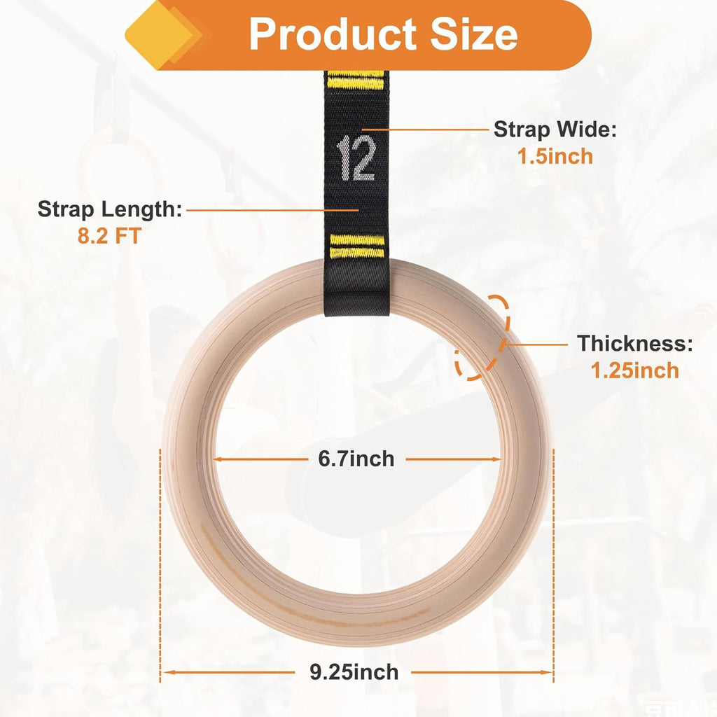 Wooden Gym Rings, 9Ft Numbered Double-Layer Quick Adjust Straps | Sturdy Wooden Gymnastic Rings Build Upper Body and Core Strength for Daily Bodyweight Fitness and Muscle Shaping Routines