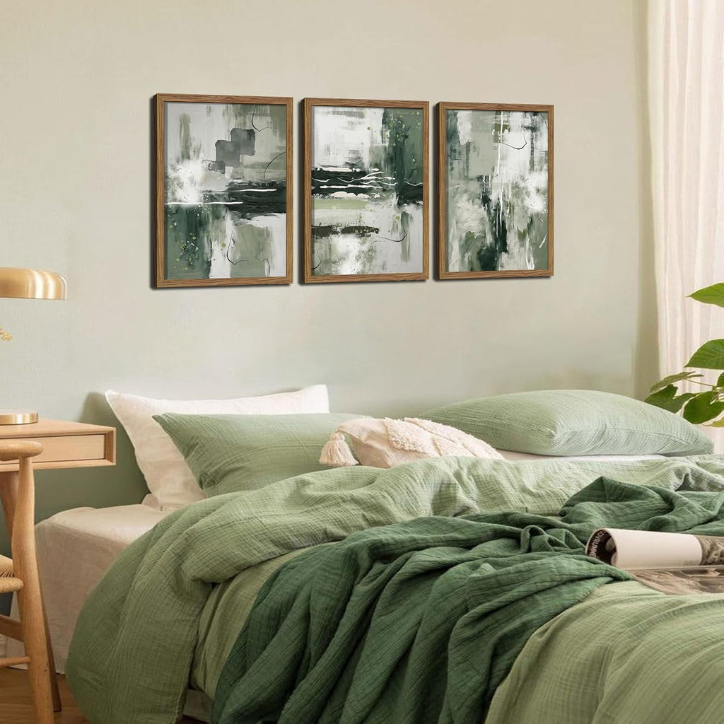 Sage Green Abstract Wall Art Set of 3, Modern Abstract Canvas Wall Decor Paintings, Green Neutral Minimalist Posters Prints Pictures for Living Room Bedroom Office Home Decor 16X24 Inch Wood Framed