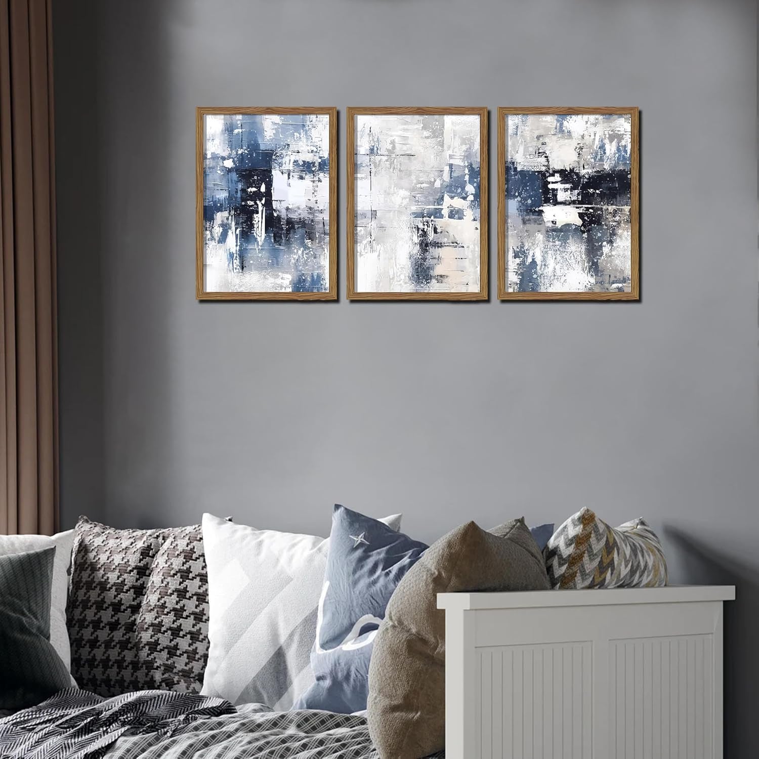 Blue Abstract Wall Art Set of 3, White and Blue Abstract Canvas Wall Decor Paintings, Modern Neutral Minimalist Posters Prints Pictures for Living Room Bedroom Office Home Decor 16X24 Inch Wood Framed
