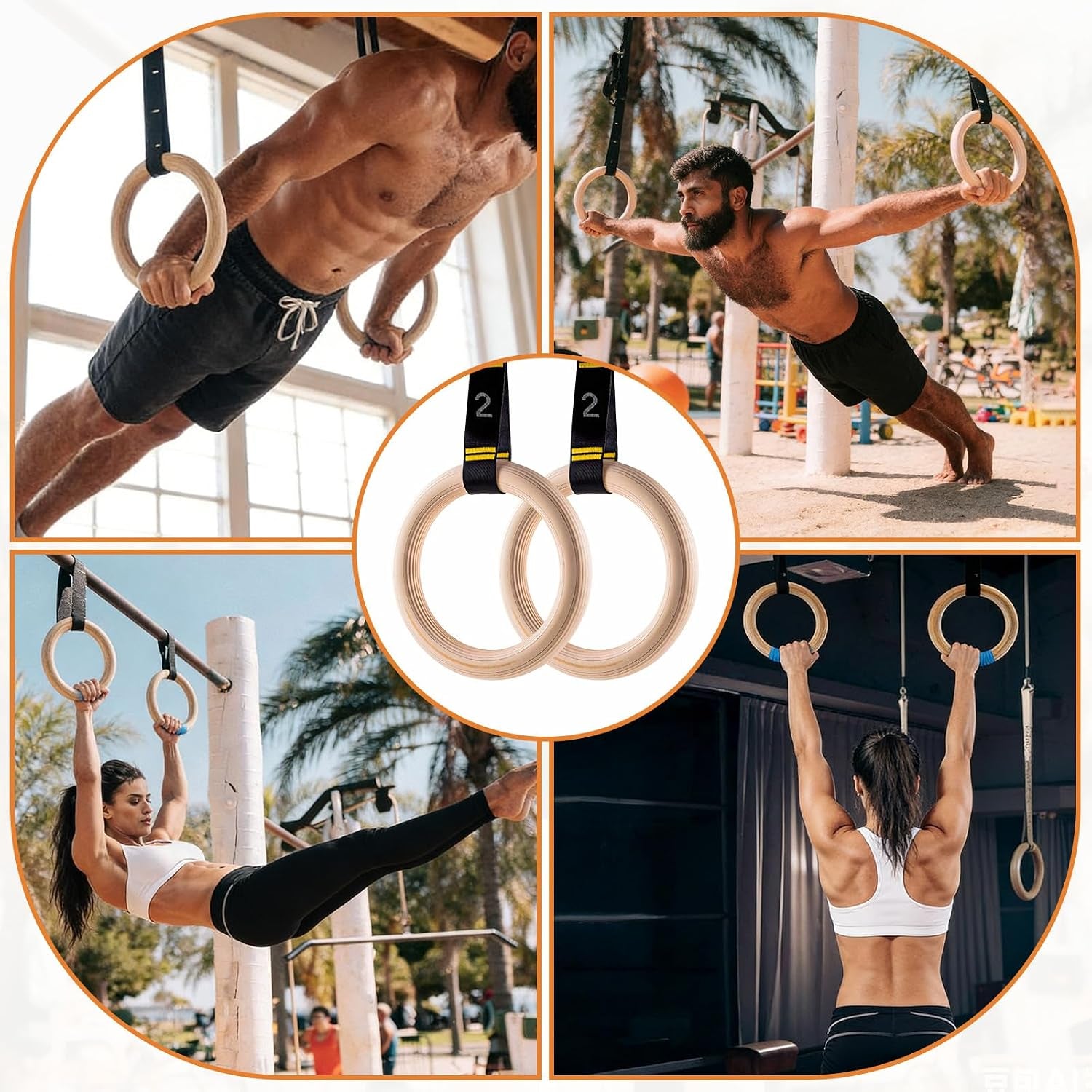 Wooden Gym Rings, 9Ft Numbered Double-Layer Quick Adjust Straps | Sturdy Wooden Gymnastic Rings Build Upper Body and Core Strength for Daily Bodyweight Fitness and Muscle Shaping Routines