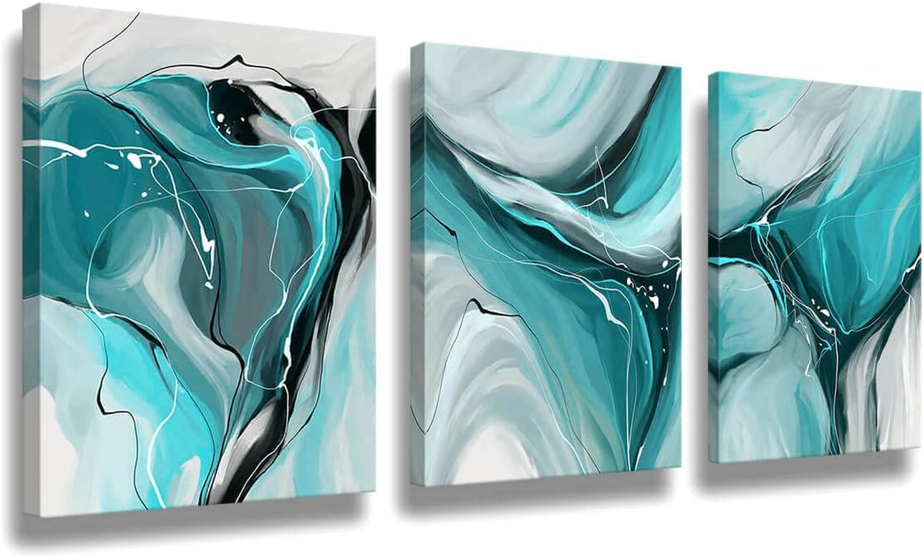 Modern Abstract Wall Art Canvas Prints, 3-Piece Teal and Gray Fluid Art, Contemporary Home Decor Wall Art in the Living Room, Bedroom and Bathroom12X16 Inch/Set of 3