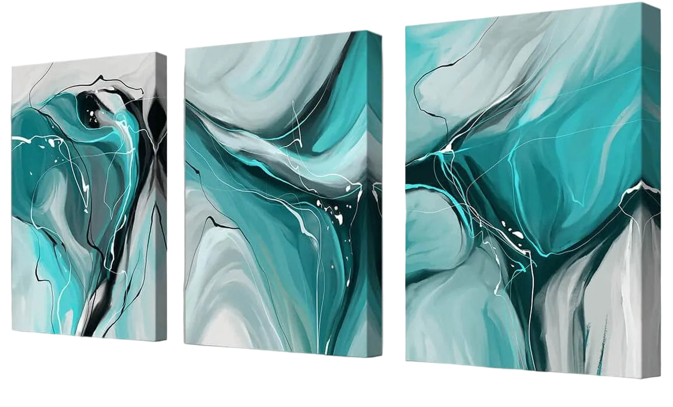 Modern Abstract Wall Art Canvas Prints, 3-Piece Teal and Gray Fluid Art, Contemporary Home Decor Wall Art in the Living Room, Bedroom and Bathroom12X16 Inch/Set of 3