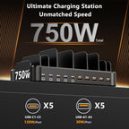 750W Charging Station for Multiple Devices,  10-Port Fast Charger, 5 USB-C 120W Each and 5 USB-A 30W Each, Desktop Charging Hub for Laptop Phone Tablet, Black