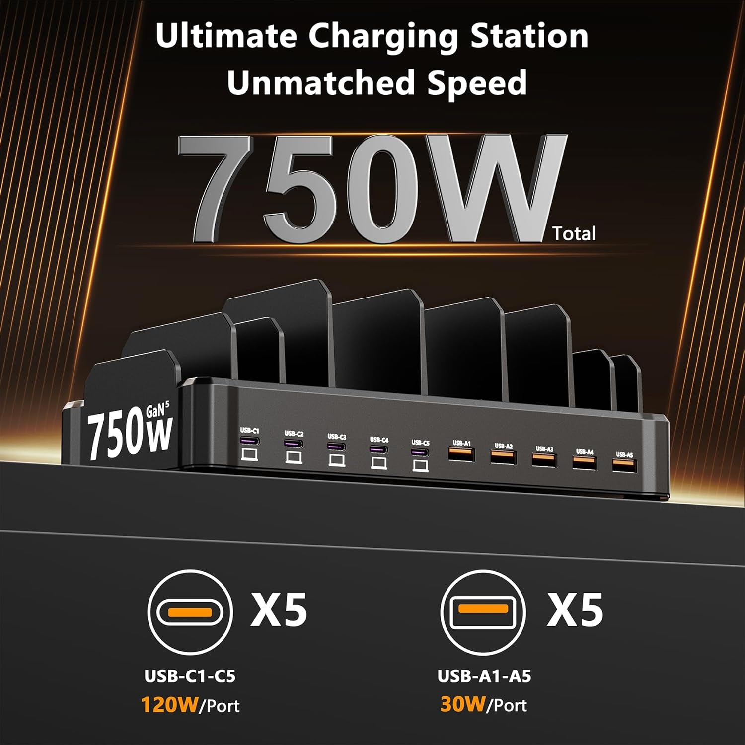 750W Charging Station for Multiple Devices,  10-Port Fast Charger, 5 USB-C 120W Each and 5 USB-A 30W Each, Desktop Charging Hub for Laptop Phone Tablet, Black